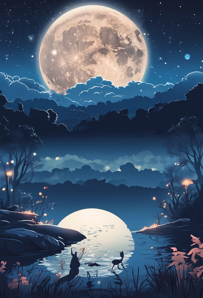 「Super Blue Moon in the Mysterious Night Sky」 A magical night sky、A big shining super blue moon is a star々Peek out from between。Twinkling stars around the moon々and elegant clouds spread、The sky is tinted a deep blue。Moonlight reflected on the surface of the water、Above the lake is the silhouette of Pisces。A thin mist rises from the depths of the mysterious forest、Mysterious creatures are appearing。This night、Draw a scene where the energy of the universe glows like magic。