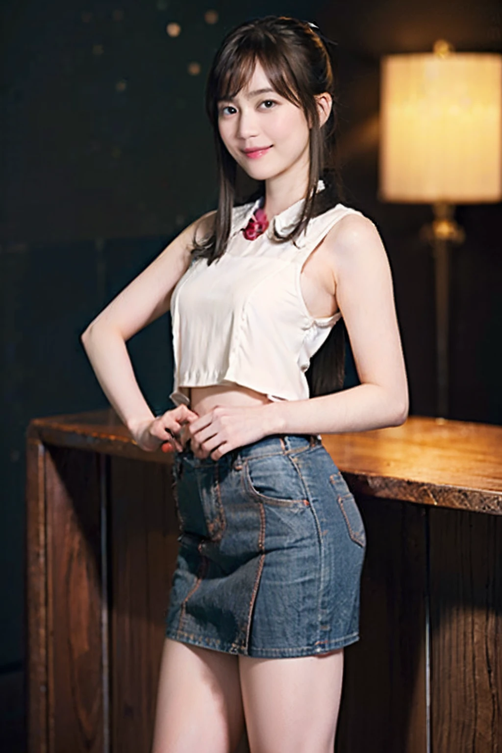 (8K、Raw photography、top-quality、masterpiece:1.2)、(realisitic、Full body posture、poneyTail、Photorealsitic:1.37)、Respectable hips、Beautiful ass、poneyTail、Tank Tops、Denim Mini Skirt、Full body posture、Panchira、ultra-detailliert、超A high resolution、1人、see the beholder、beautifull detailed face、A smile、Constriction、(Slim waist) :1.3)、The shirt、Beautiful detailed skin、Skin Texture、floated hair、profetional lighting、