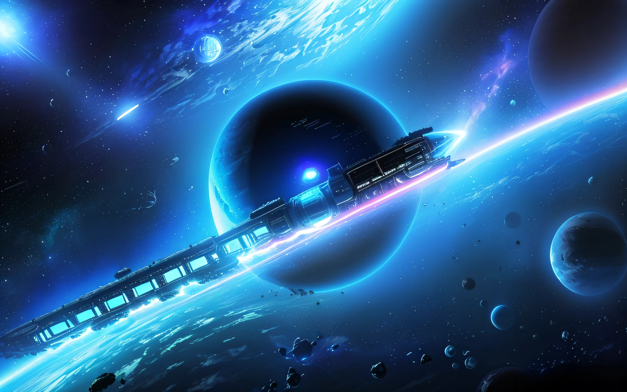 Spaceships fly over trains in space，with a planet in the background, big train in space, spaceship in space in ruins, sci-fi space game art, dyson sphere in space, A spaceship in a nebula, borne space library artwork, epic orbital spaceships battle, ominous space battle background, dyson sphere, photo of a dyson sphere, epic beautiful space scifi