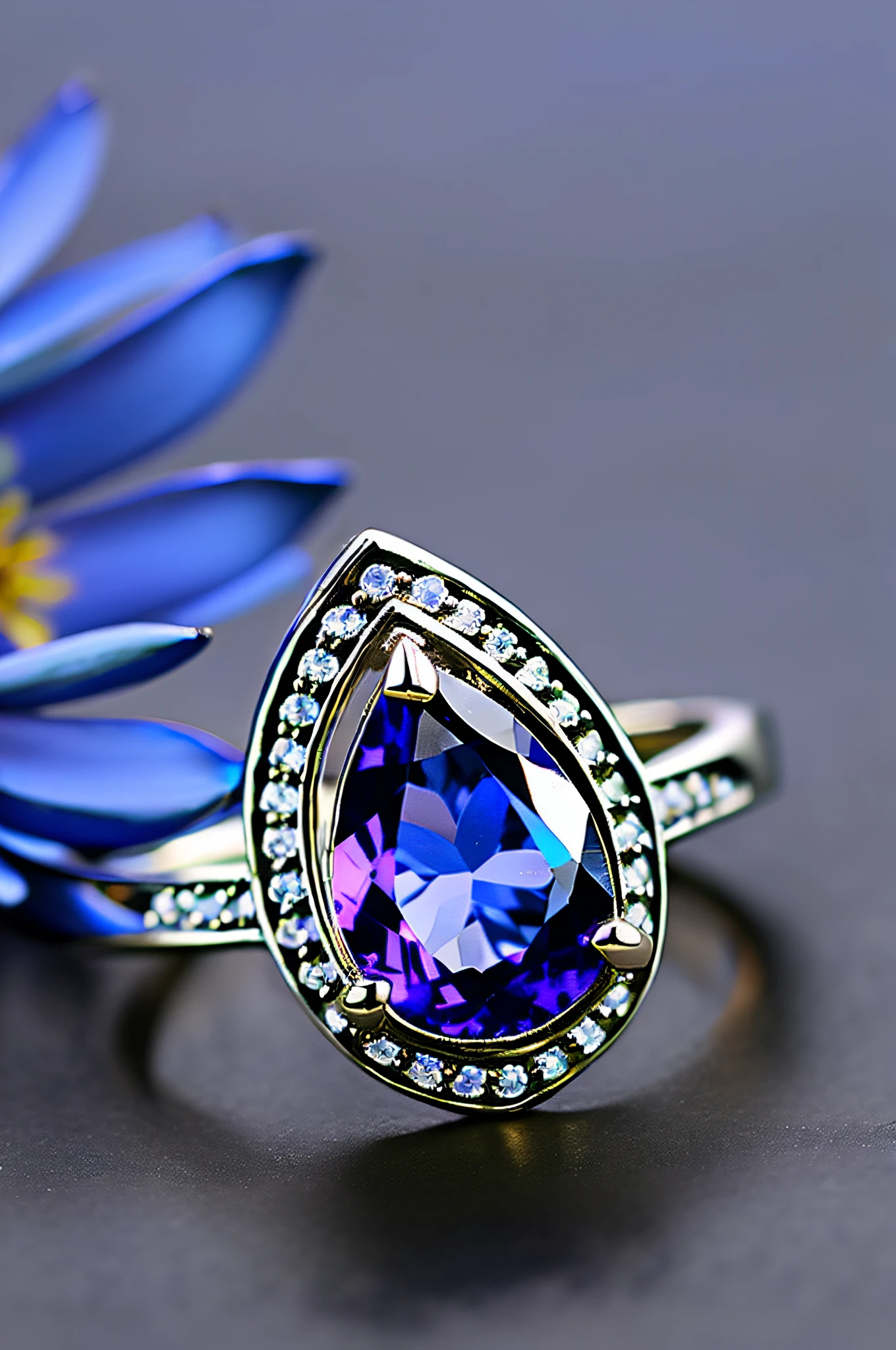 ((Masterpiece)), ((highest  quality)), ((Nothing but the ring))，(No Human),The ring is set with a phoenix，starrysky，Wrapped around the end from beginning to end，Delicate silver ring，Starry sky in the ring,The sheen，inverted image，Sparkling blue-purple gemstones，Elegant and noble, lotus flowers, (ultra details), (beautiful flowers)