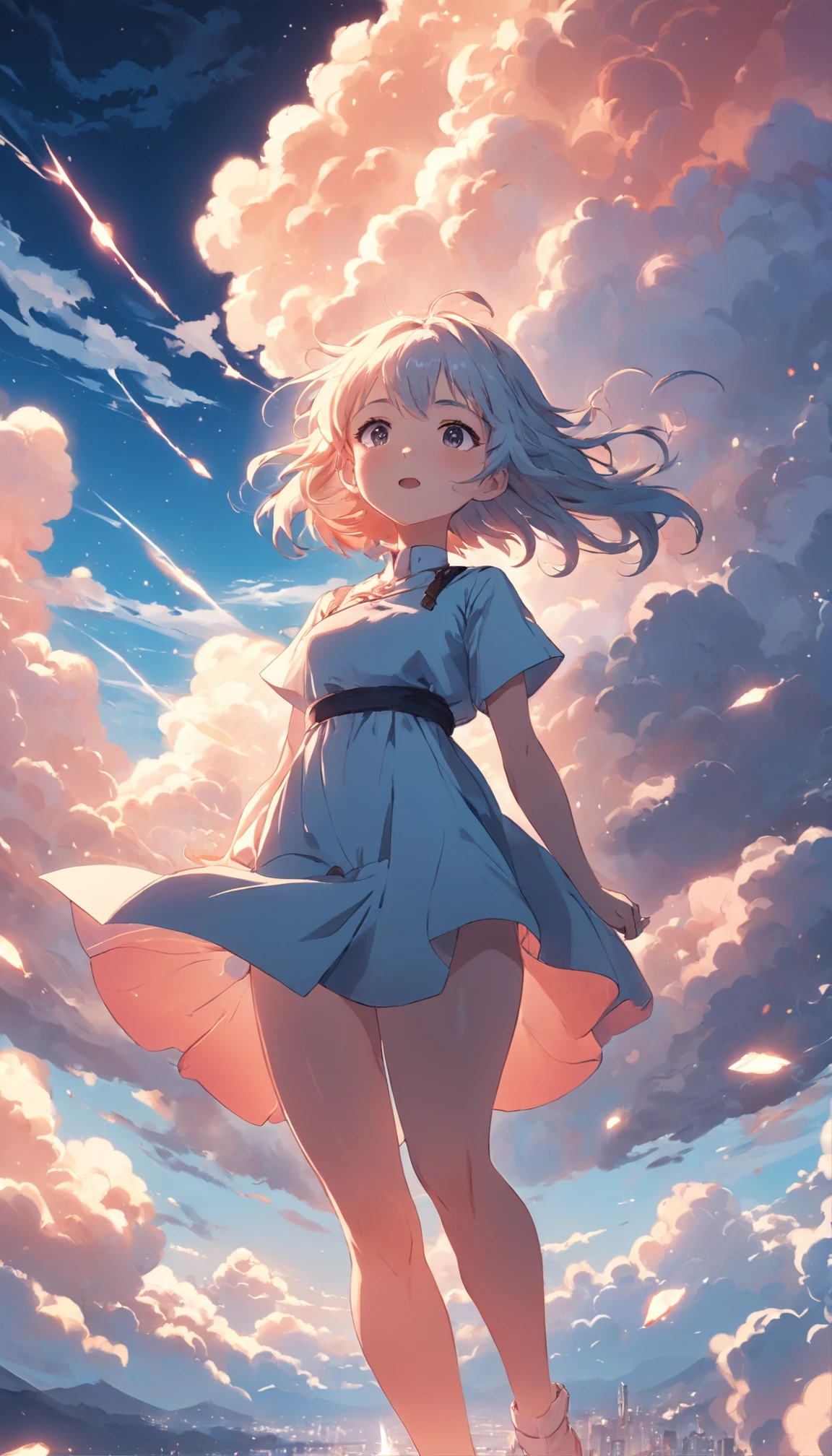masterpiece, best quality, movie still, 1girl, cloud girl, floating in the sky, close-up, bright, happy, warm soft lighting, sunset, (sparks:0.7)