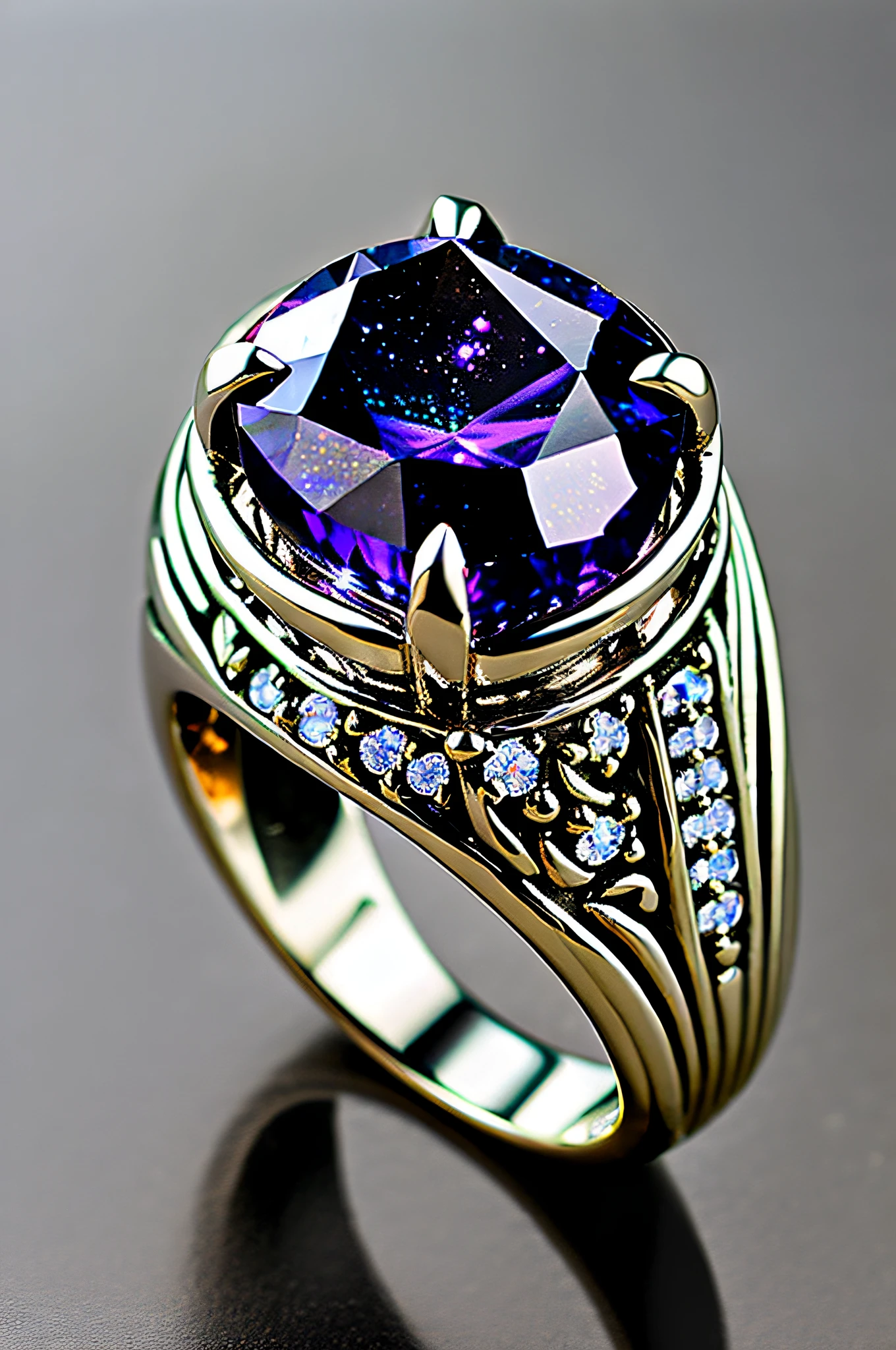 ((Masterpiece)), ((highest  quality)), ((Nothing but the ring))，(No Human),The ring is set with a phoenix，starrysky，Wrapped around the end from beginning to end，Delicate silver ring，Starry sky in the ring,The sheen，inverted image，Sparkling blue-purple gemstones，Elegant and noble, lotus flowers, (ultra details), (beautiful flowers)