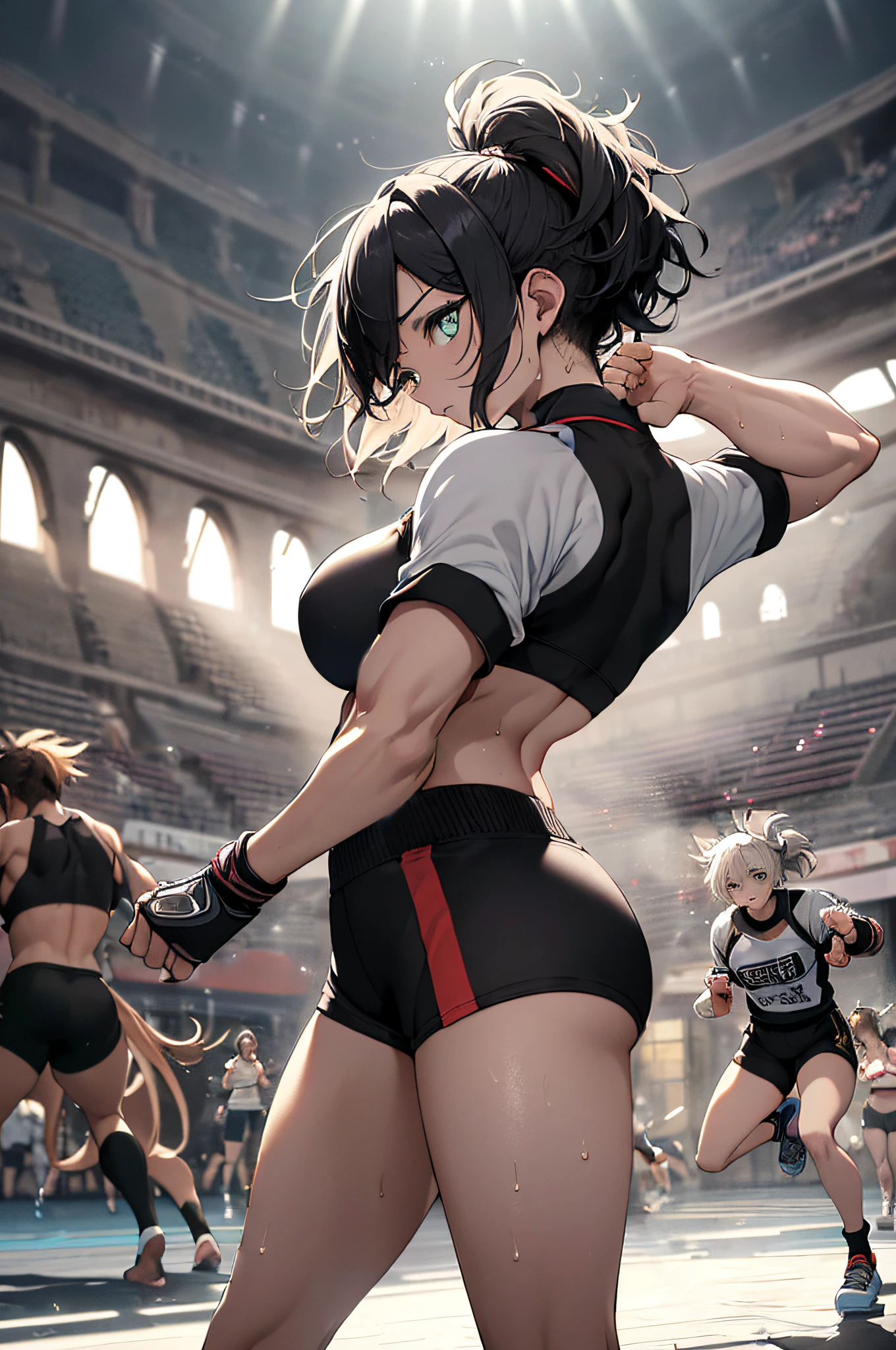 profetional lighting、pretty skin、Her eyes shone like stars、(((in 8K, Raw photo, Best Quality))), disheveled hair、Glossy hair、shinny skin、Curvaceous but slender、1 Female Martial Artist、Background with:Unpopular Roman Colosseum、well-muscled、muscular legs、Splattering sweat、short-haired、Backgrounds with depth、I can see the sky、poneyTail、colourfull、sports wear、Triumphant profile、Separate Wear、short pants、Kickboxing moves、Kakato drop、raise your right leg high、Highkick、espadrilles、Original Characters