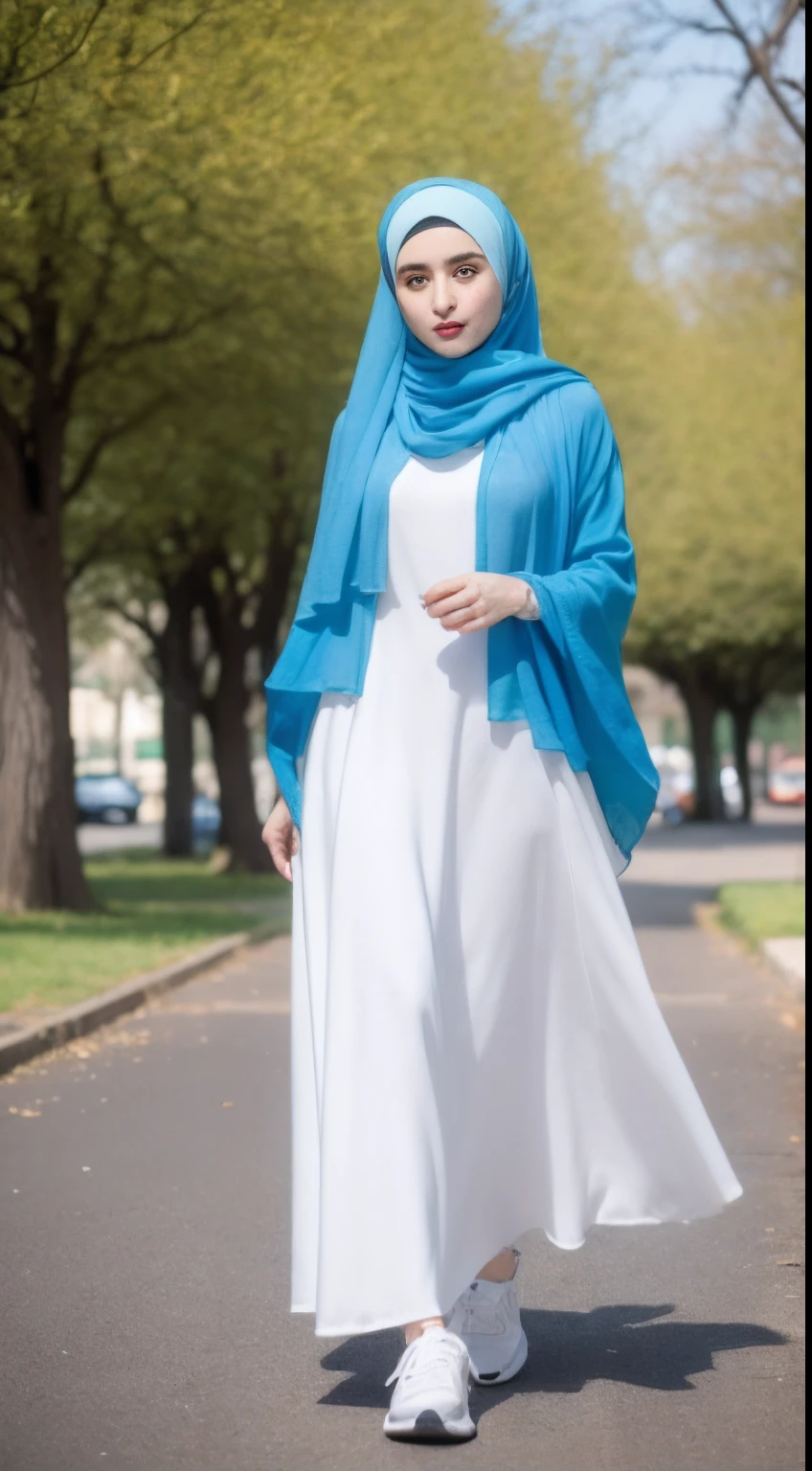 Araffe women,((Best Quality, 8k, Masterpiece:1.3))),1Girl, Solo, Full Body photoshoot, selfie:1.3, Beautiful Woman with Perfect Figure, wearing hijab, Blue headscarf, s, Detailed Eyes, Long White dress, Double Eyelids, outdoor, walking in the park, wearing a sneakers, right hand on cheek, shy expression,