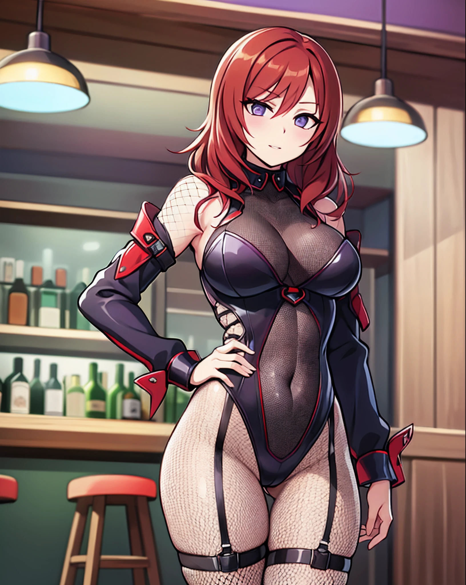 masterpiece, best quality, highres, nishikino maki, purple eyes,red hair, in bar, standing, hand on hip,looking at viewer, sexy,(lips:0.6),fishnet bodysuit, leotard,thighs gab,ass visible through thighs, llchar, cowboy shot,(solo),neck collar,skin tight, chibi