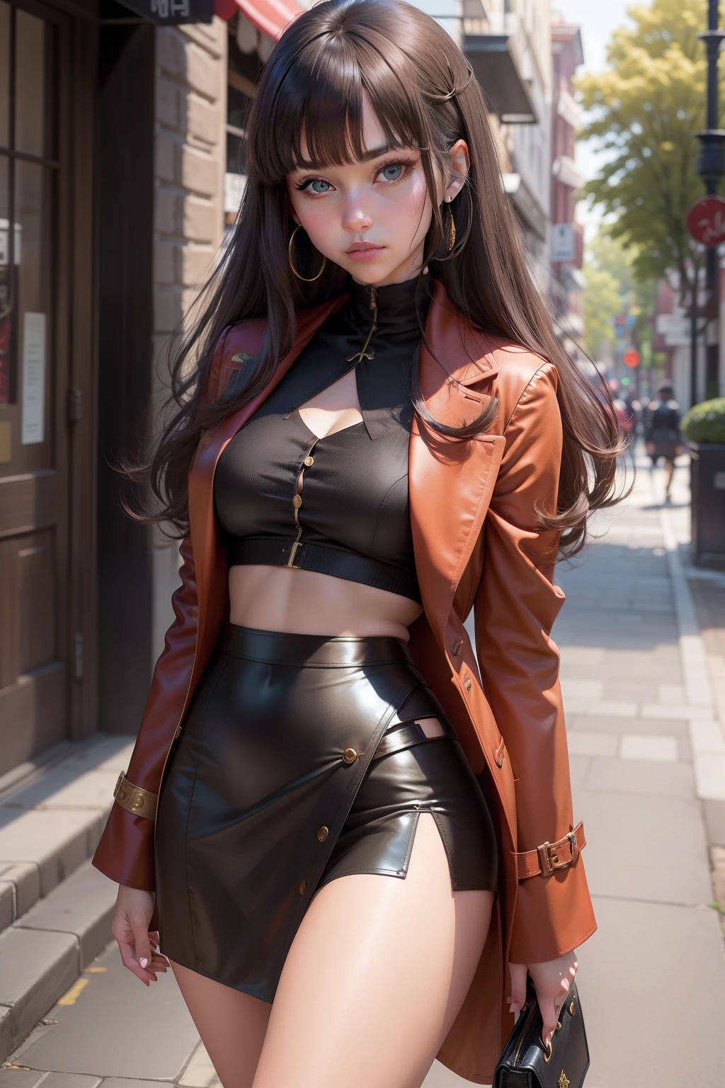 brunette color hair,Microvolumes,dual horsetail,Bangs in the middle,eBlue eyes,Upturned nose,Mixed Eurasian race,Redcoat,Superskirt,Over the knee black silk,flatchest,