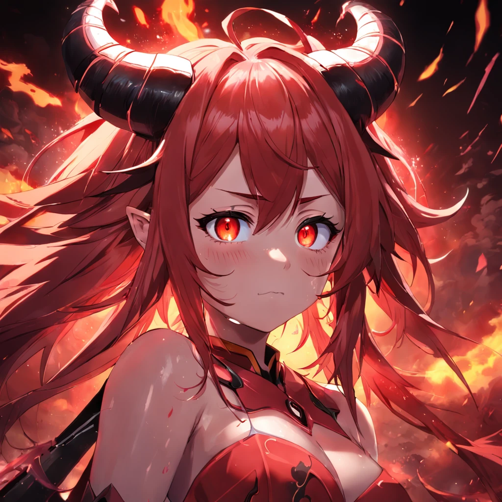 masterpiece, best quality, 1 female, red Oni, long brown hair, two horns coming from his forehead, and glowing red eyes