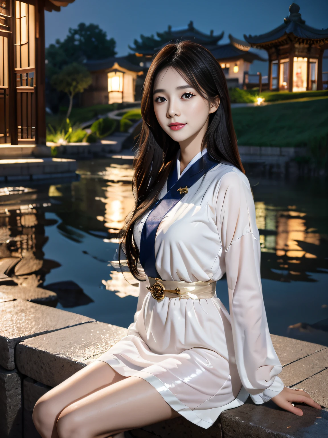 ,Masterpiece, Best quality,8K, 超高分辨率,(beautidful eyes:1.1),(Lakeside at night:1.3),The gentle goddess sits under the tree。The silver moonlight shone on her,Illuminate her quiet and idyllic smile。Her voice is soft and moving,Tell a profound story,Attract the creatures around you to stop and listen。