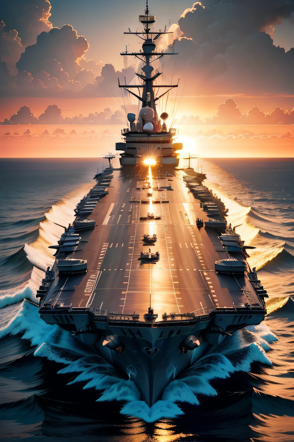 aircraft carriers, The atmosphere is spectacular, A shocking scene, Drive slowly across the vast ocean, Raging waves lapped on the hull, The sun shines down through the clouds, The burning sunset reflects the majestic posture of the aircraft carrier, Form a stunning view, detail-rich, Portrayed to the fullest, It makes you feel like you're in it, Perfect presentation of the might and power of an aircraft carrier.