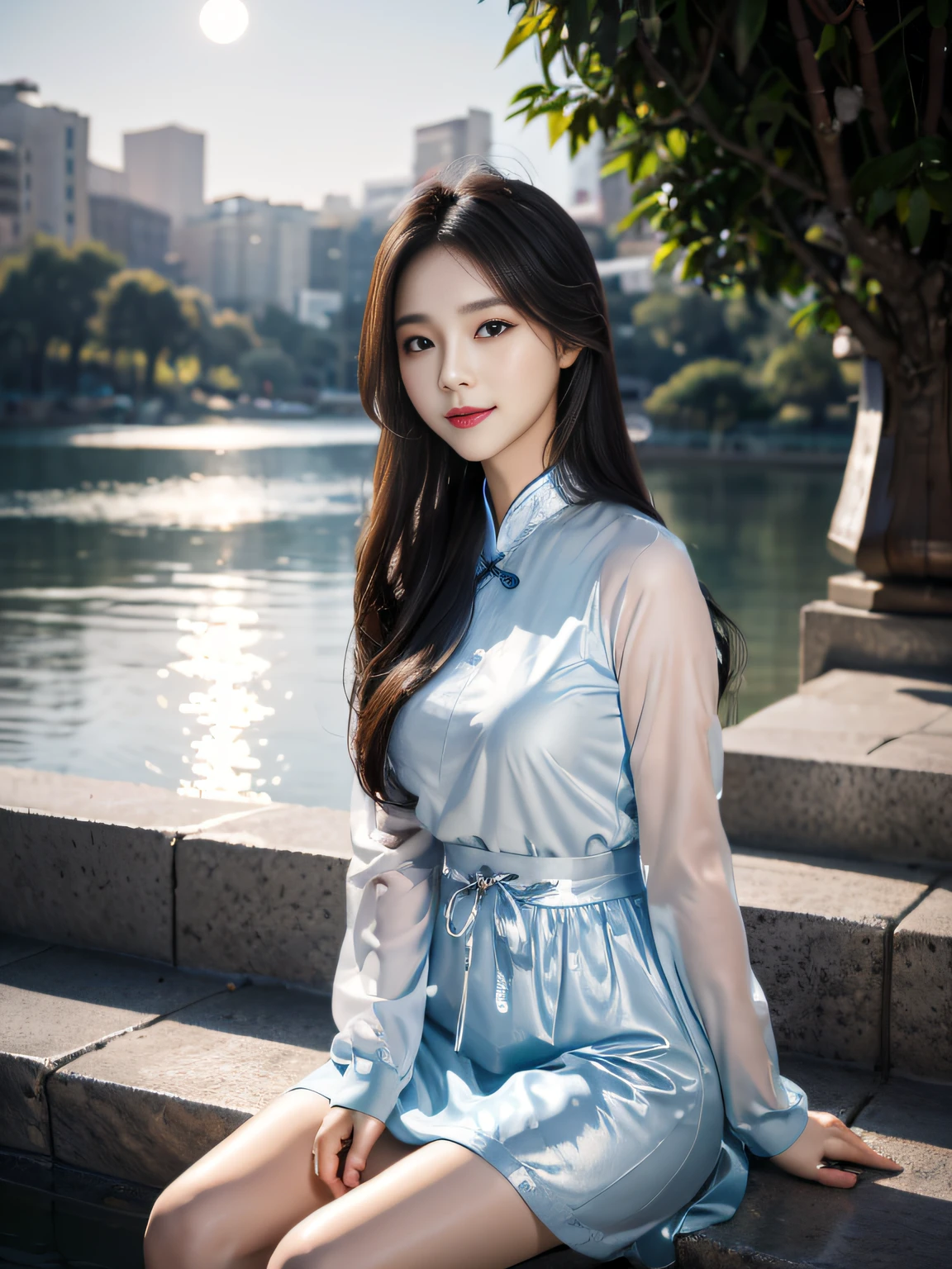 ，Masterpiece, Best quality，8K, 超高分辨率，(beautidful eyes:1.1)，(Lakeside at night:1.3)，The gentle goddess sits under the tree。The silver moonlight shone on her，Illuminate her quiet and idyllic smile。Her voice is soft and moving，Tell a profound story，Attract the creatures around you to stop and listen。