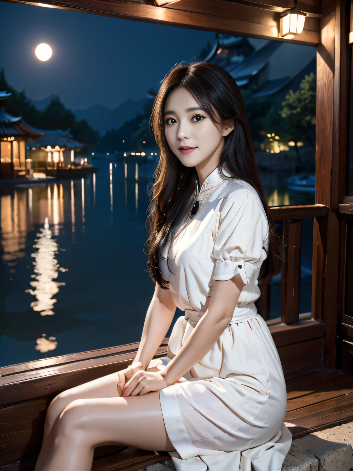 ,Masterpiece, Best quality,8K, 超高分辨率,(beautidful eyes:1.1),(Lakeside at night:1.3),The gentle goddess sits under the tree。The silver moonlight shone on her,Illuminate her quiet and idyllic smile。Her voice is soft and moving,Tell a profound story,Attract the creatures around you to stop and listen。