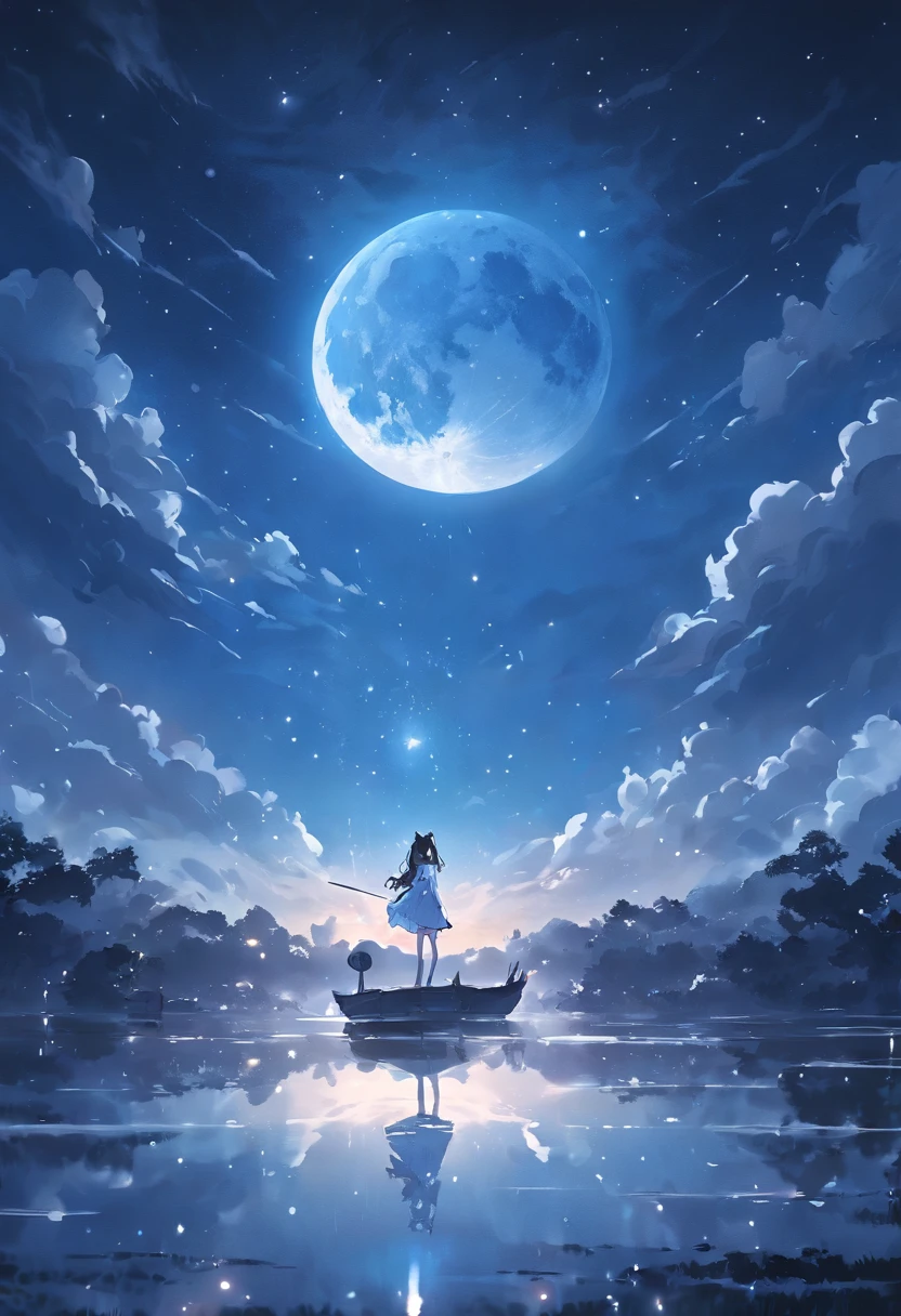 A girl is standing on a boat in the water with a full moon in the ...