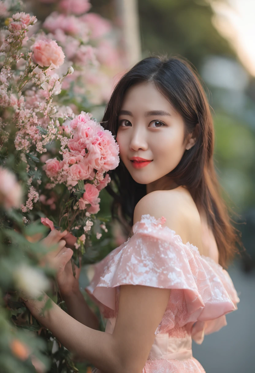 A woman holds a bouquet of flowers in front of a bush, jaeyeon nam, xintong chen, xision wu, beautiful Korean women, Shin Jinying, young cute wan asian face, Chinese girl, headshot profile picture, Korean girl, young lovely Korean faces, Beautiful young Korean woman, wenfei ye, chengyou liu, cute delicate face, A young Asian woman