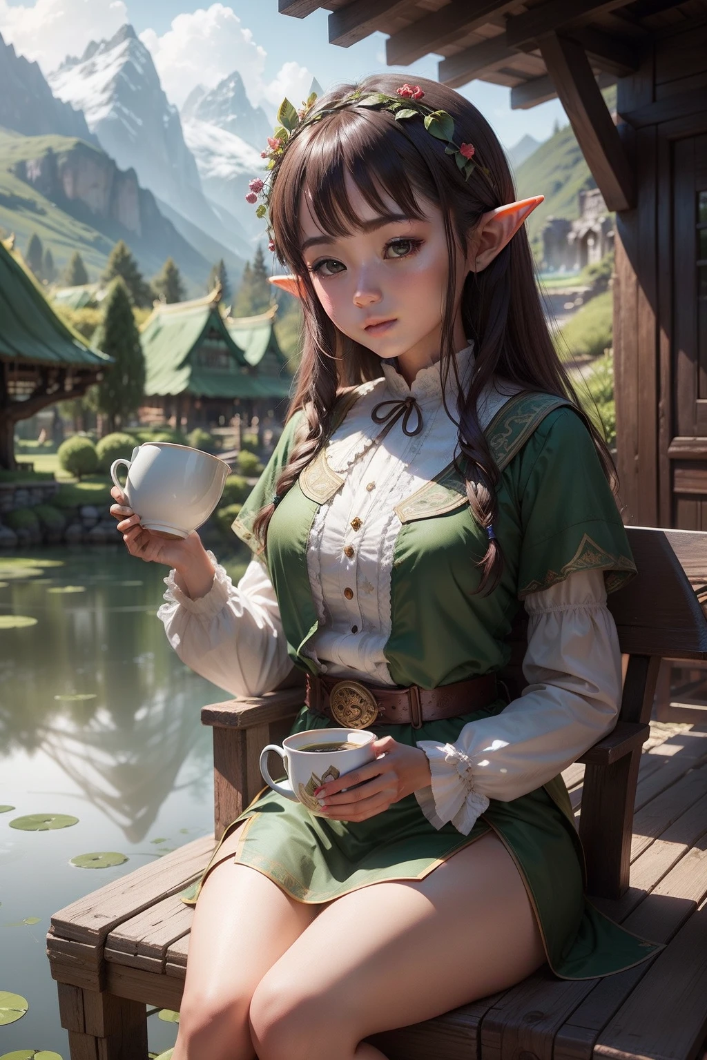 Beautiful charming elf girl drinking coffee in front, Yunnan Plateau Elf Garden, Magic Lake, Brown air, 18th century, fantasy, Cinematic