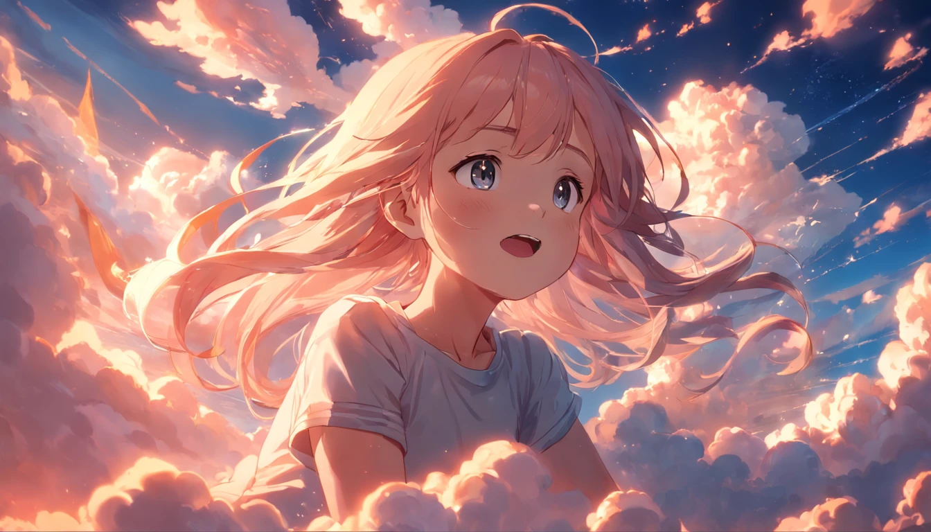masterpiece, best quality, movie still, 1girl, cloud girl, floating in the sky, close-up, bright, happy, warm soft lighting, sunset, (sparks:0.7)