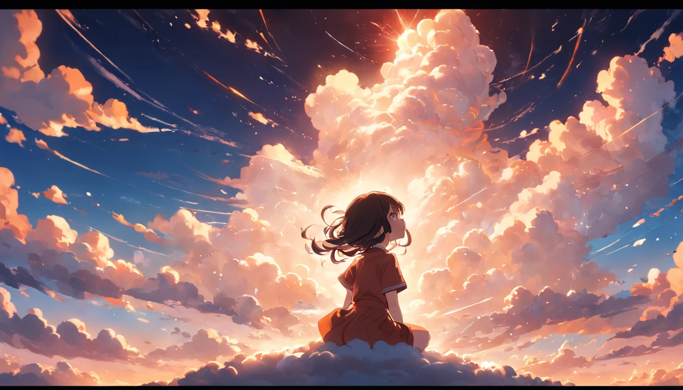 masterpiece, best quality, movie still, 1girl, cloud girl, floating in the sky, close-up, bright, happy, warm soft lighting, sunset, (sparks:0.7)
