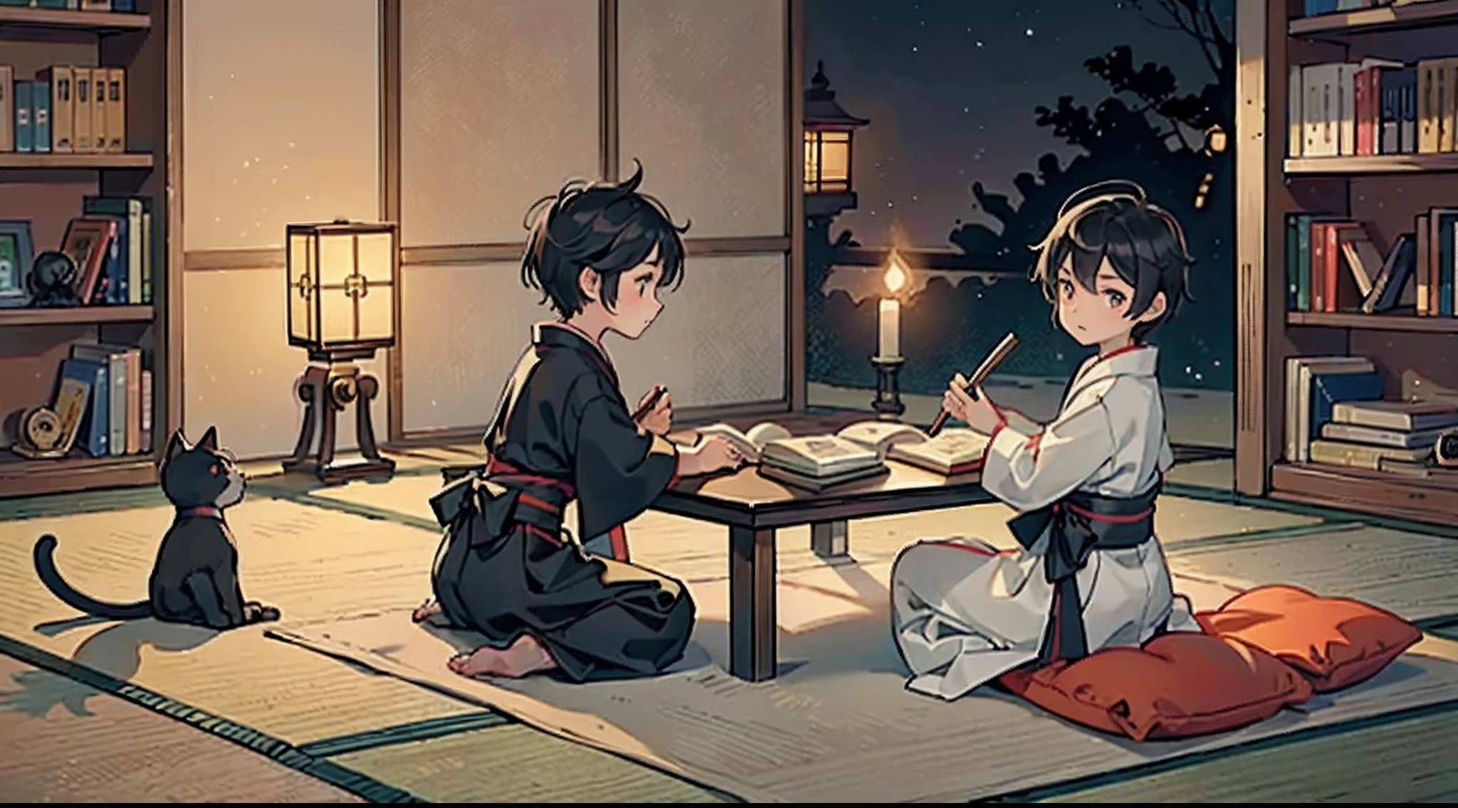 #Quality (intricate-detail、ultra-detailliert:1.2,Masterpiece),
#night sky (darkness of night,no light),
#one writing boy (16 male、writer,Honor Students、A dark-haired、short-hair、hakama,sit flat),
#black room at night (no light,black cat,wooden low table,one candle,pretty tatami,a lot of books,bookshelf)