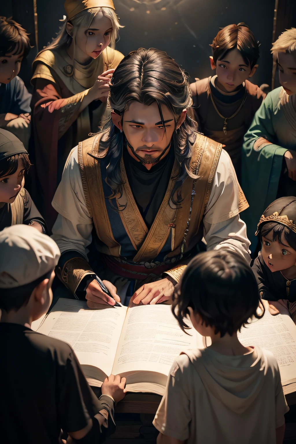 Samuel observing the 8 sons of Jesse FROM THE BIBLE
In this image, we can see Samuel before the sons of Jesse, olhando para eles com expectativa e avaliando cada um. This represents the pivotal moment when God chose the next king of Israel. Emphasis on the diversity in the visual expressions of the children and in the technical attention of Samuel.