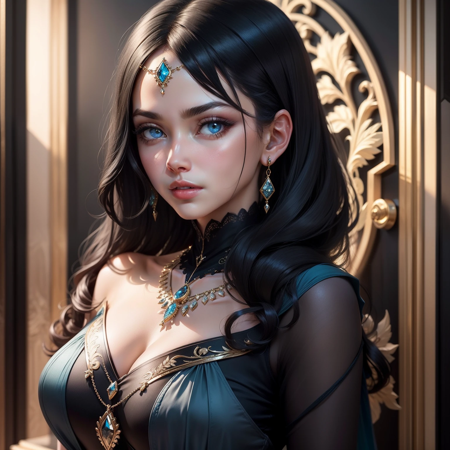 (high resolution, Pixels are perfect, luxury illustration), (hiper qualidade, mesa, ethereal: 1.4),(Sozinho:1.4), cabelo preto, olhos fechados, (nervoso), pale skin, (((((((apenas uma pessoa))))))), ((coxas grossas)), ((peito grande)), mulher, ((((Uma MILF)))),, (((quadris largos))), ((fundo cinza)), (pele brilhante), ((corar)),