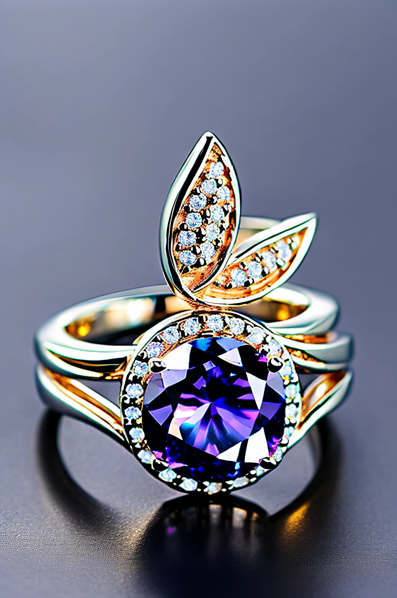 ((Masterpiece)), ((highest  quality)), ((Nothing but the ring))，(No Human),The ring is set with a phoenix，starrysky，Wrapped around the end from beginning to end，Delicate silver ring，Starry sky in the ring,The sheen，inverted image，Sparkling blue-purple gemstones，Elegant and noble, lotus flowers, (ultra details), (beautiful flowers)
