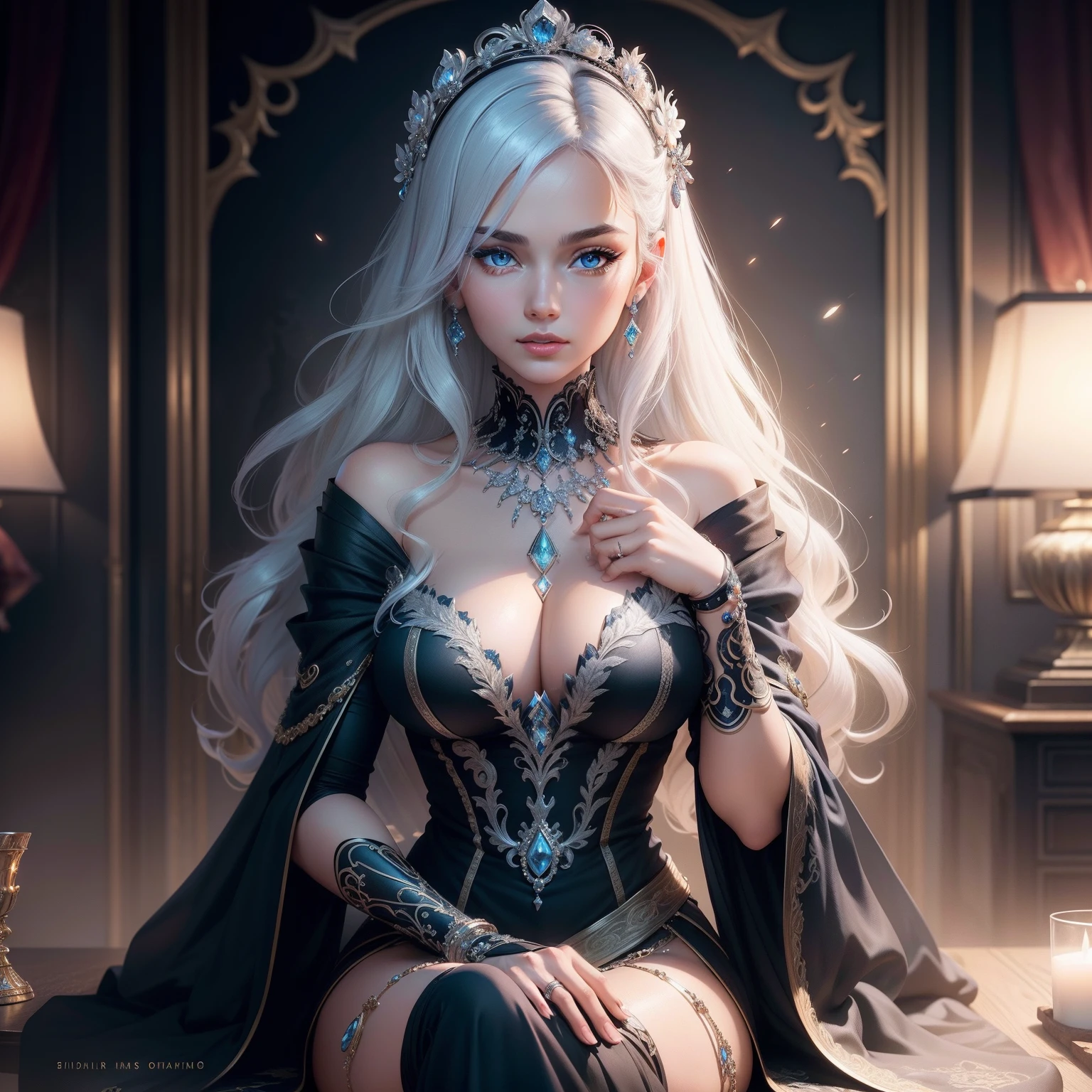 (High quality CG,rich details,Complex and detailed:1.2),Poster cover,Magazine background,Black and white hair color,woman,Nice face,Delicate face,Luxurious décor,Gemstone necklaces glow blue light,