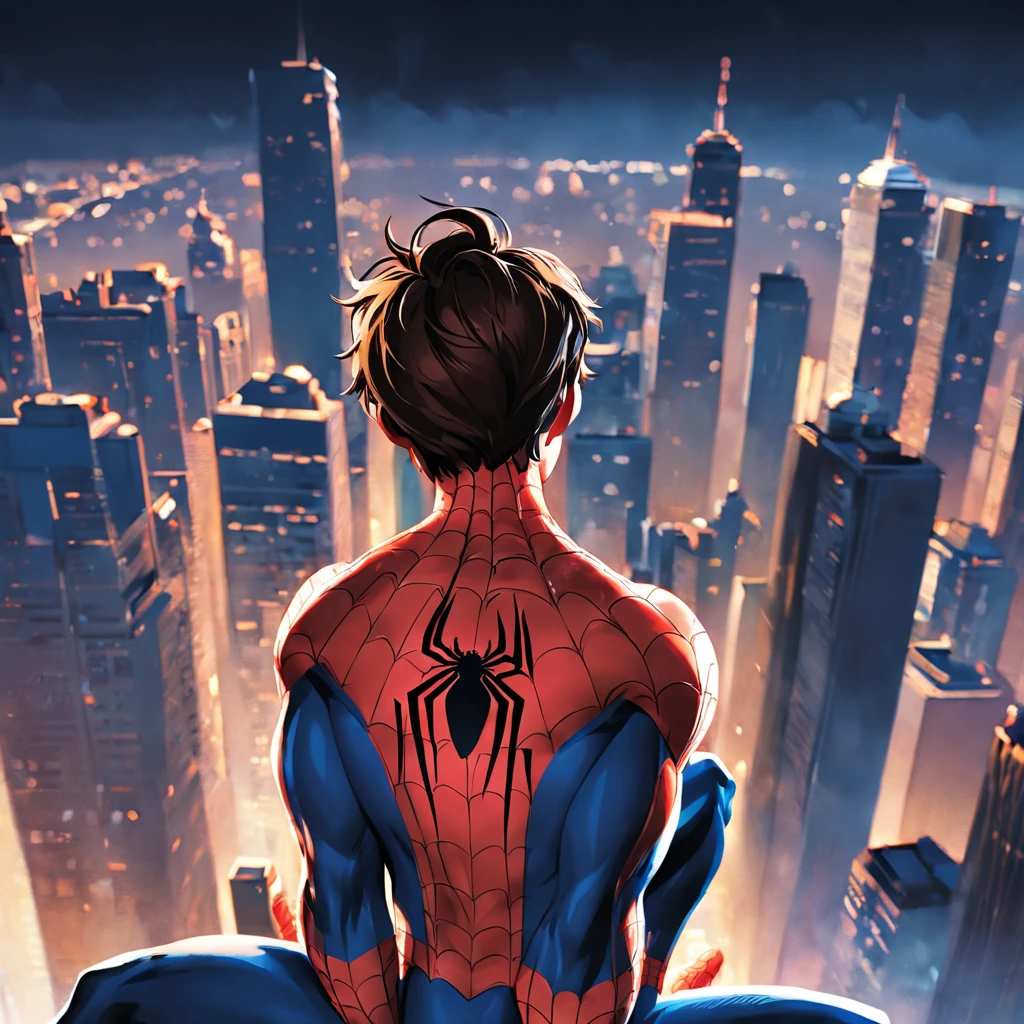 Spiderman ((com mascara)) on top of a skyscraper, imagem fantastica, Closeup, Cena de filme, 8k, todd mcfarlane