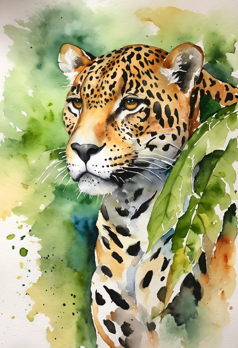 jaguar; aquarela; pintura expressionista; animal; selva; qualidade