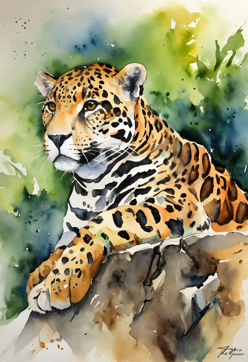 jaguar; aquarela; pintura expressionista; animal; selva; qualidade