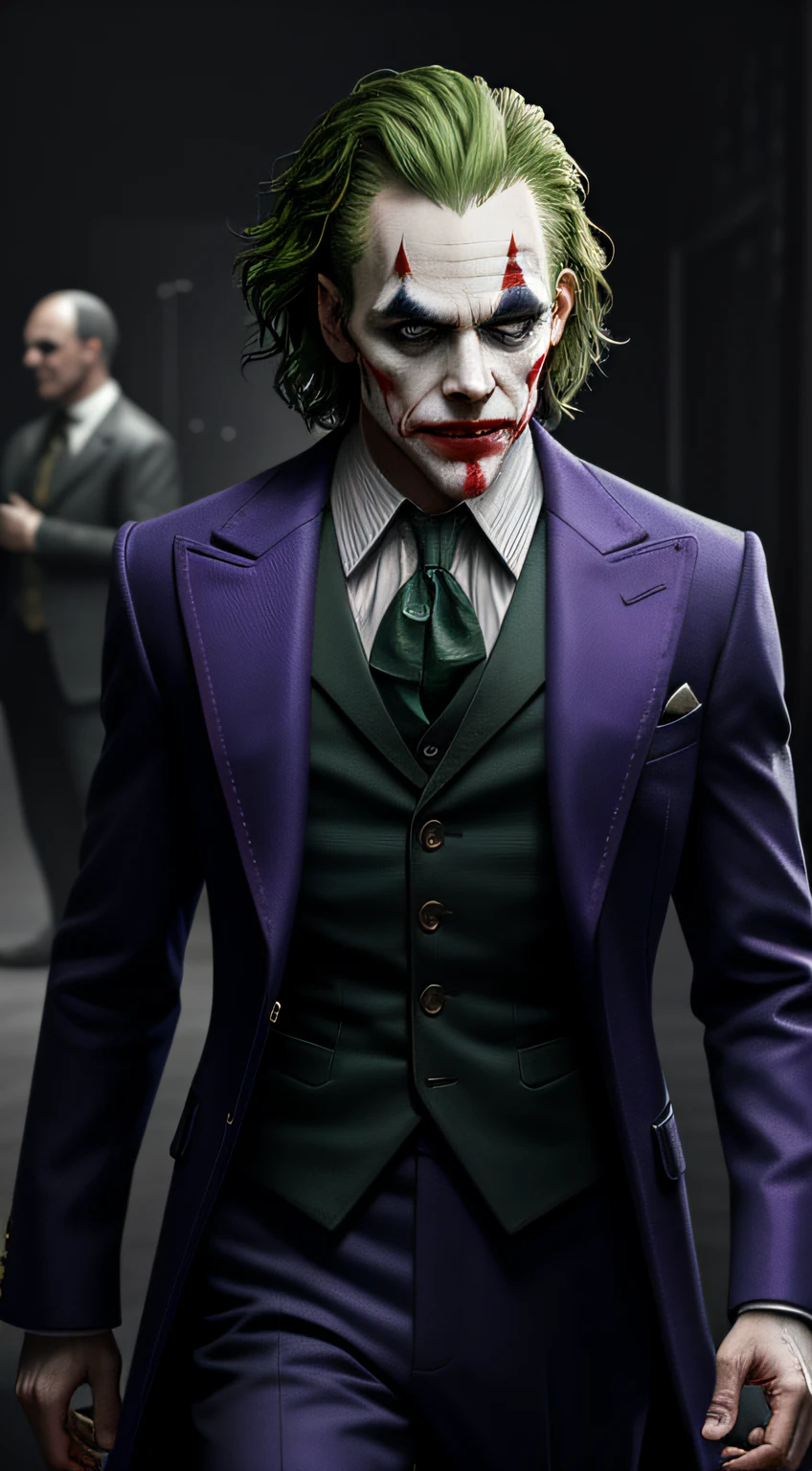 (8k, RAW photo, best quality, masterpiece:1.2), ultra detailed, official art, photo-realistic:1.37, upper body shot, DC Joker, film grain, action pose