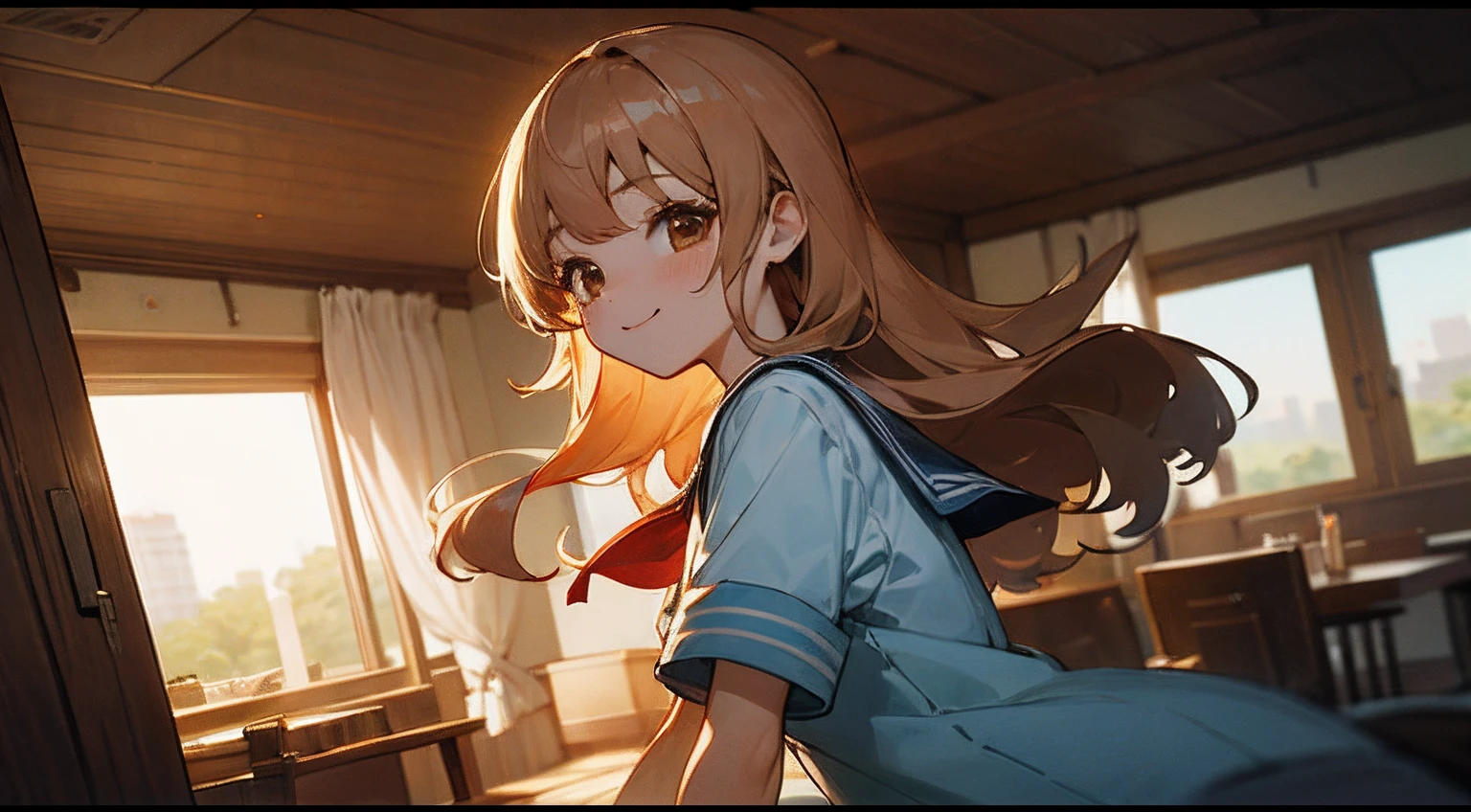 top-quality、hight resolution、detaileds、Beautiful girl with long chestnut hair、Light blue short-sleeved sailor suit、Fluffy long hair、Cute appearance、Rin々Smile、Rooms for single people、Brown eyes、Happy Space、