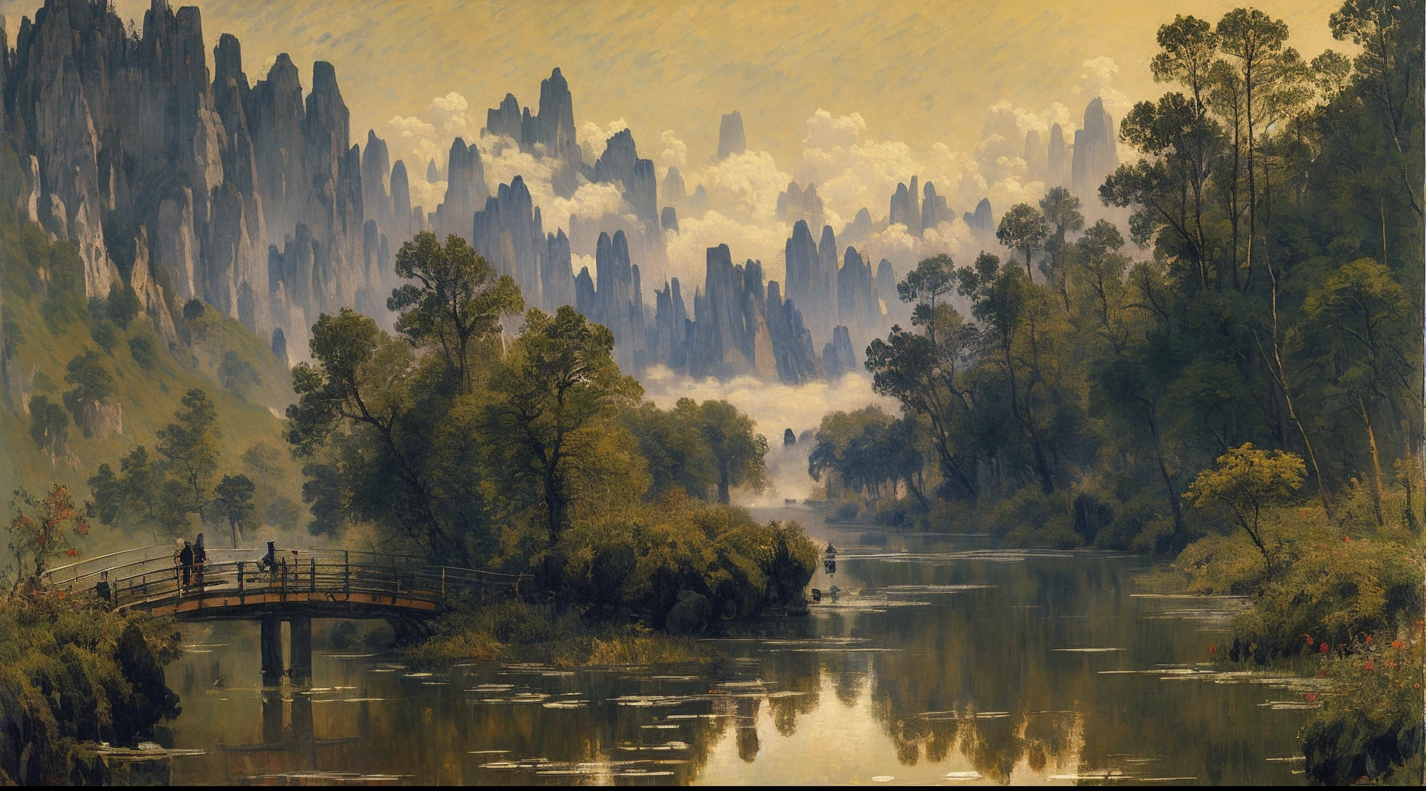 analogue style，ChromaV5，nvinkpunk，（非常A detailed的 CG 统一 8k 壁纸），Majestic river，Trees on both sides，small waterfalls，dense fog，award winning photography，color difference，A detailed，HDR，Bloom，Monet-style image、Pissarro and Sisley，Trends on ArtStation，Popular trends on CGSociety，The art of midjourney，Lodge，Smoke，flowingwater，Far Mountain
