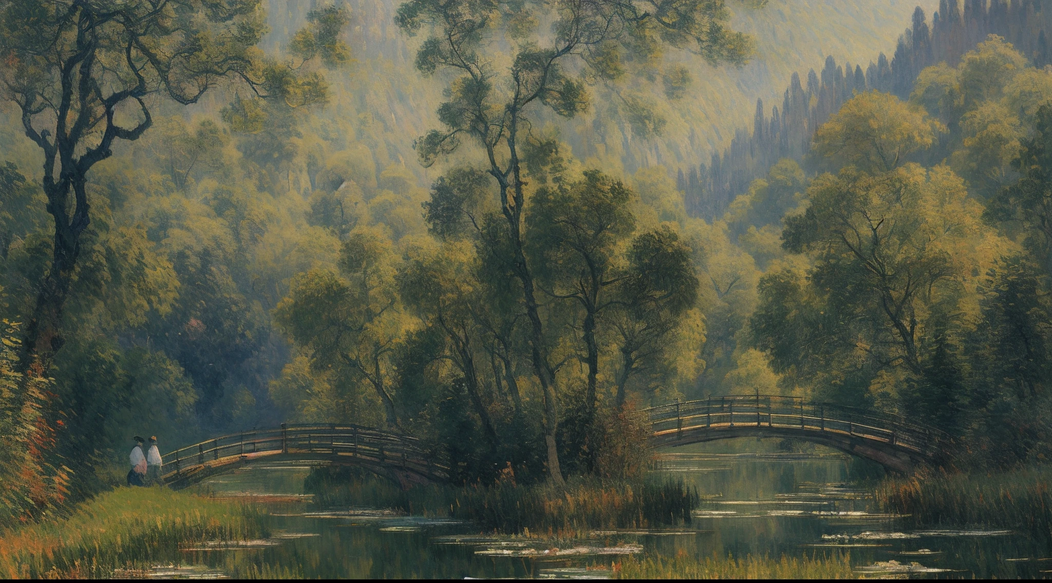 analogue style,ChromaV5,nvinkpunk,(非常A detailed的 CG 统一 8k 壁纸),Majestic river,Trees on both sides,small waterfalls,dense fog,award winning photography,color difference,A detailed,HDR,Bloom,Monet-style image、Pissarro and Sisley,Trends on ArtStation,Popular trends on CGSociety,The art of midjourney,Lodge,Smoke,flowingwater,Far Mountain