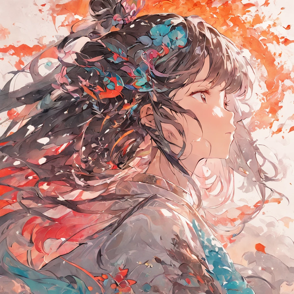 (White background:1.4),(Silhouette of a girl's head, Eyes closed, colorfull long hair, Oriental elements),(Chinese illustration:1.3,paper art:1.3, Quilted paper art:1.2),( reasonable design, Clear lines, High sharpness,Best quality, Very detailed, Masterpiece, light effect, 4K )