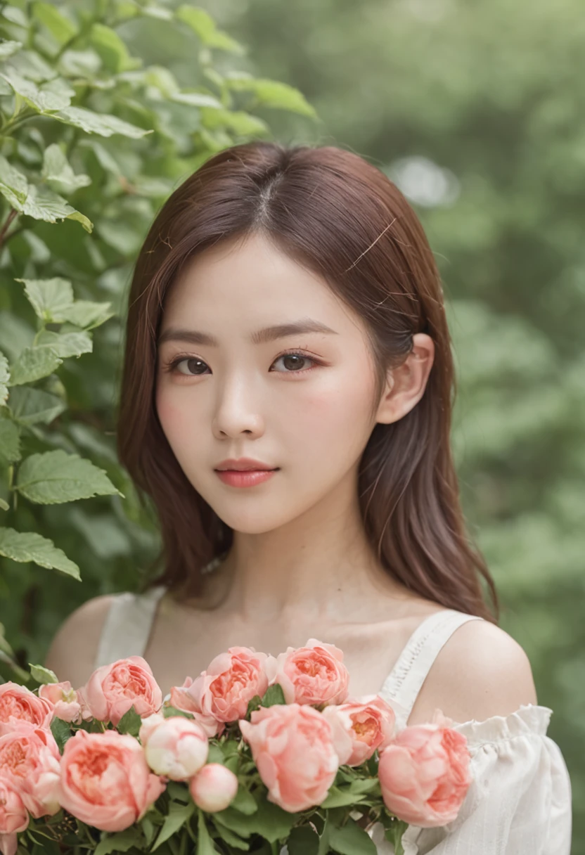 A woman holds a bouquet of flowers in front of a bush, jaeyeon nam, xintong chen, xision wu, beautiful Korean women, Shin Jinying, young cute wan asian face, Chinese girl, headshot profile picture, Korean girl, young lovely Korean faces, Beautiful young Korean woman, wenfei ye, chengyou liu, cute delicate face, A young Asian woman