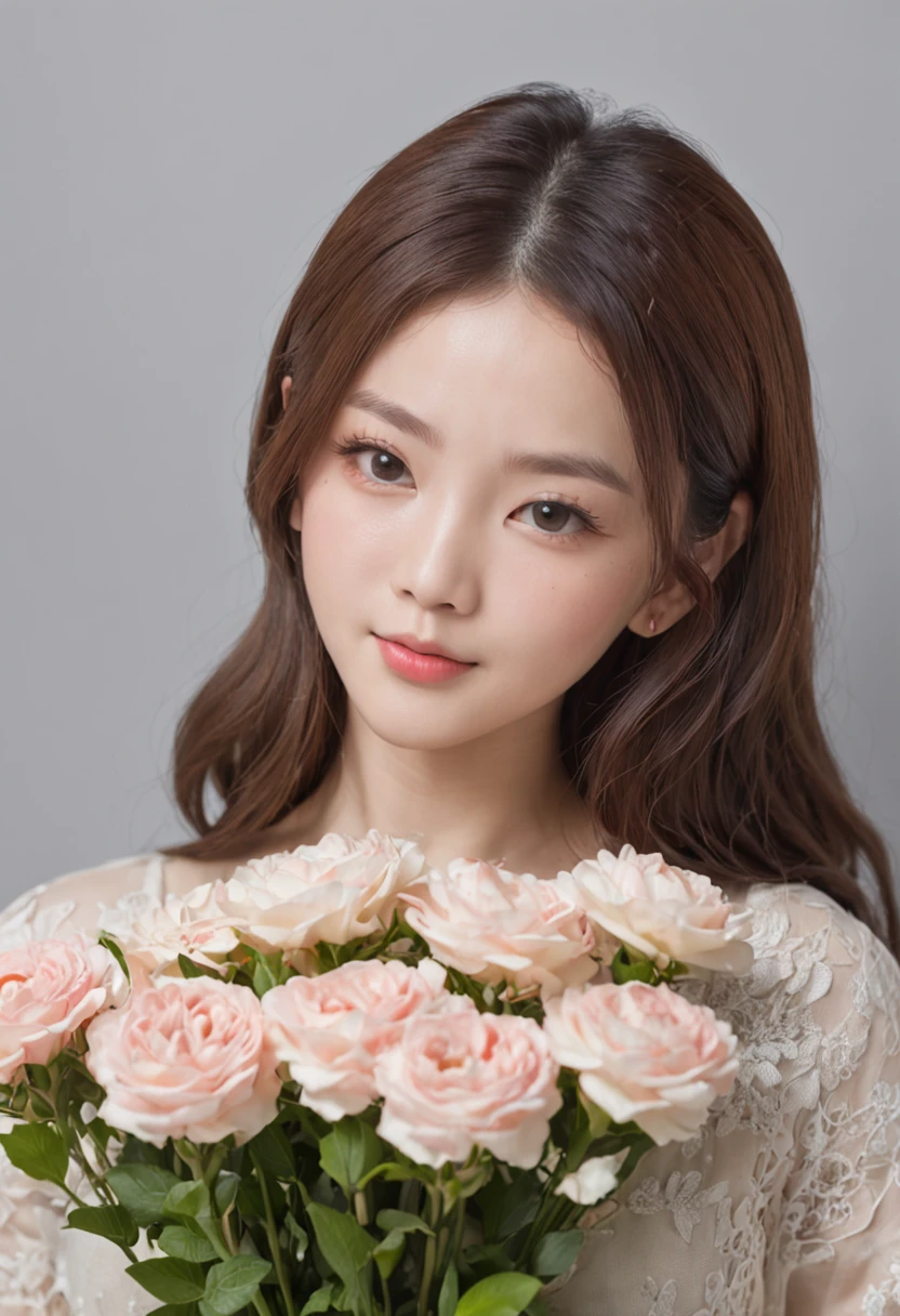 A woman holds a bouquet of flowers in front of a bush, jaeyeon nam, xintong chen, xision wu, beautiful Korean women, Shin Jinying, young cute wan asian face, Chinese girl, headshot profile picture, Korean girl, young lovely Korean faces, Beautiful young Korean woman, wenfei ye, chengyou liu, cute delicate face, A young Asian woman