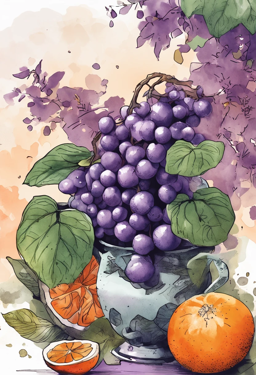 Violet plants，The orange，Purple grapes，Citrus，black tea，Watercolor style
plant，Complex background of Baoshan, Yunnan，tropical，laurels，Coffee packaging chiaroscuro, projected inset, Ni Chuanjing illustration style