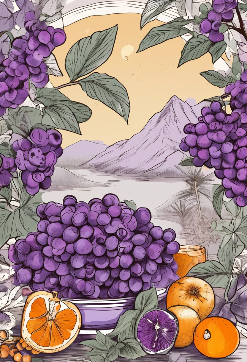 Violet plants,The orange,Purple grapes,Citrus,black tea,Watercolor style
plant,Complex background of Baoshan, Yunnan,tropical,laurels,Coffee packaging chiaroscuro, projected inset, Ni Chuanjing illustration style
