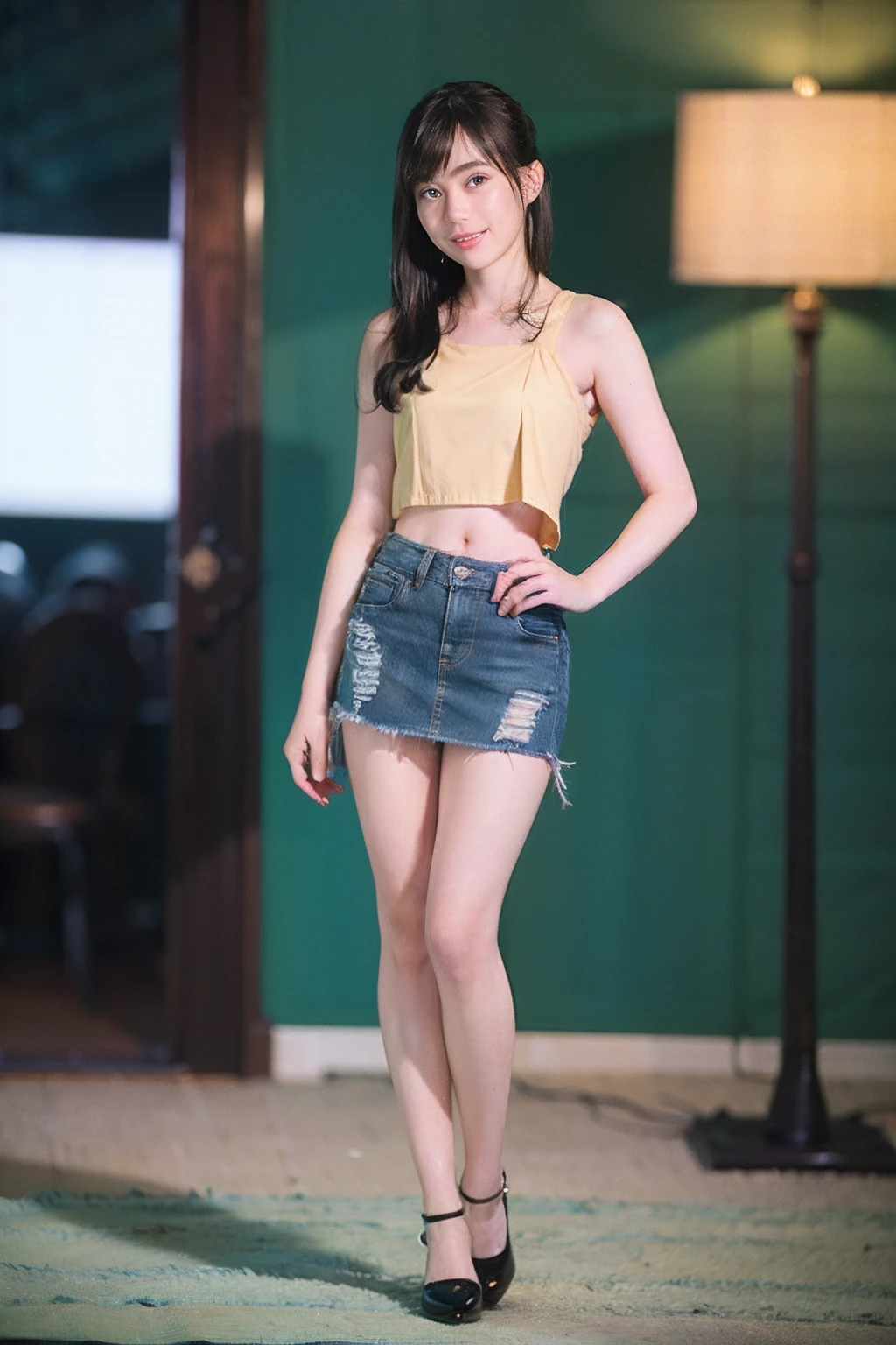 (8K、Raw photography、top-quality、​masterpiece:1.2)、(realisitic、Full body posture、poneyTail、Photorealsitic:1.37)、Respectable hips、Beautiful ass、poneyTail、Tank Tops、Denim Mini Skirt、One leg is raised to reveal underwear、Full body posture、Panchira、ultra-detailliert、超A high resolution、女の子1人、see the beholder、beautifull detailed face、A smile、Constriction、(Slim waist) :1.3)、The shirt、Beautiful detailed skin、Skin Texture、floated hair、profetional lighting、