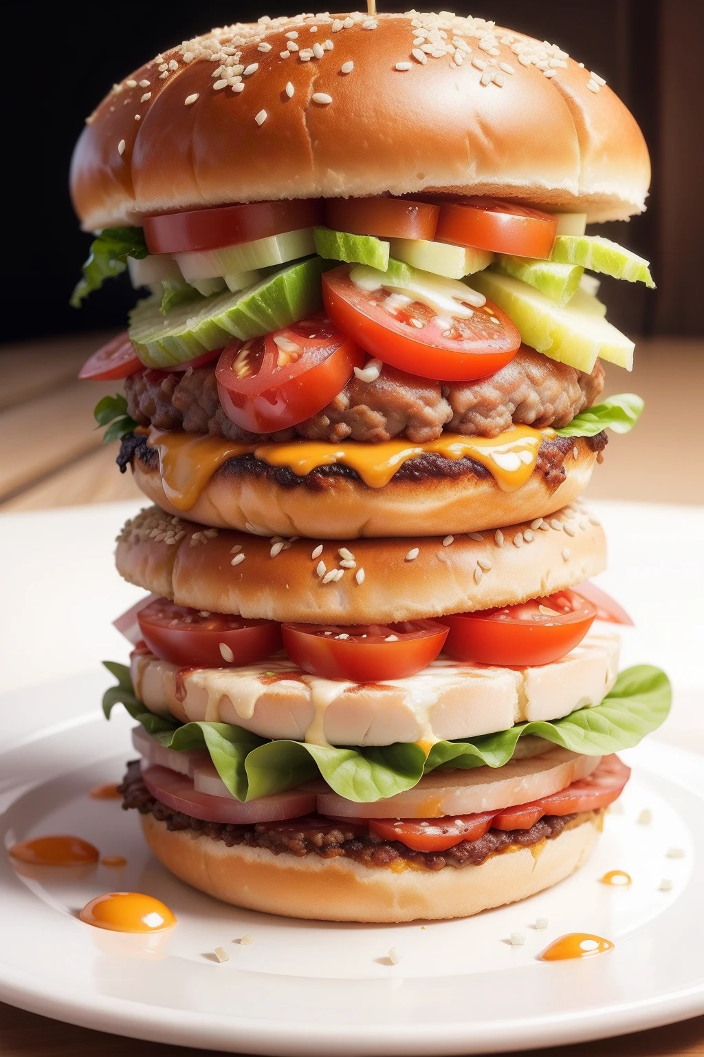 Big Whopper Hamburger, Chunky patties and tomatoes, lettuce, onion, cheese, shrimp, ham, dressing, Sesame seeds on bread, Appetizing Big Whopper