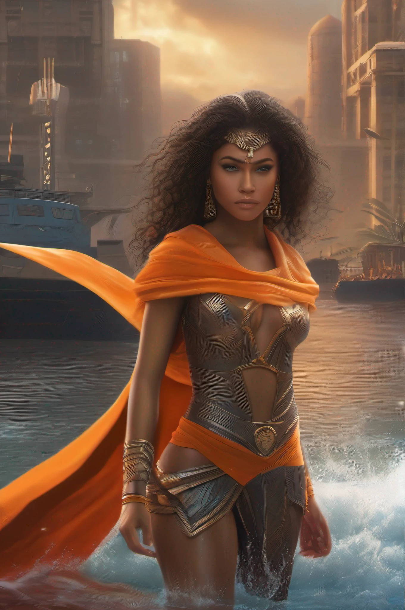A dark brown-haired photographically ebony and muscular 25-year-old Zendaya wears a short orange Egyptian flapping cloak, with bare shoulders and a gigantic deep neckline, as she runs along the quay of a river flowing through a futuristic Egyptian city with her wet hair and clothes flapping in the rough wind. attractive body :1.4), sit-ups :1.1, ), (wet rainy, wet by rain, wet body :1.2), ((thin waist)), ultra-detailed face, detailed lips, detailed eyes, double eyelid, visible veins and curves, pool party, pool.