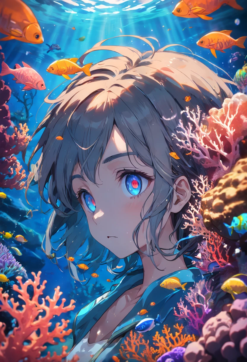 Colorful and beautiful corals underwater world projected in a human's eye