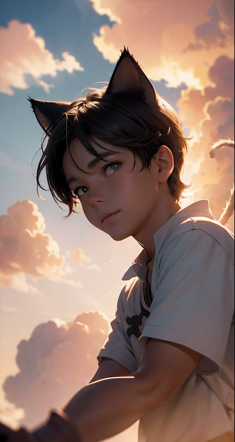 masterpiece, best quality, movie still, 1boy, cloud boy, floating in the sky, close-up, bright, happy, warm soft lighting, sunset, (sparks:0.7), cat ears, cat tail, brown hair, tan skin