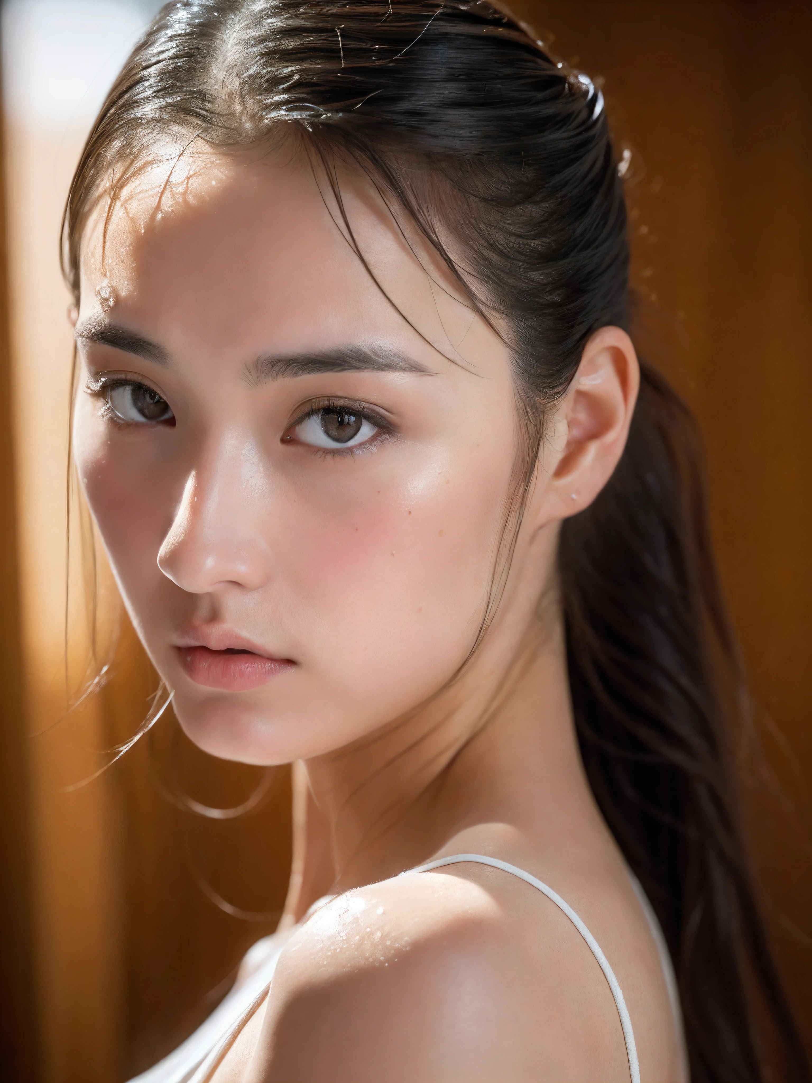 ((top-quality, 10, masterpiece: 1.3)), Women (Full body portrait, Front, naked towel, Slouch, cleavage, inside_sauna: 1.6), Inside the sauna, Overhead Camera, crisp focus: 1.2, cute woman: 1.4, ((brunette hair,pores,Hairline,My son.,scalp,Ponytail)), Highly detailed face and skin and hair texture., body dripping wet, Wet face, Wet hair, detailed eyes, 二重まぶた, White skin, Beautiful delicate nose., Cute Japanese Girl, 20 age, With dynamic angle, Create a melancholy mood characterized by calm tones and a contrasting combination of light and shadow., While highlighting the subject's hair., eye, Mouth and action, It is a pleasing and suggestive composition..