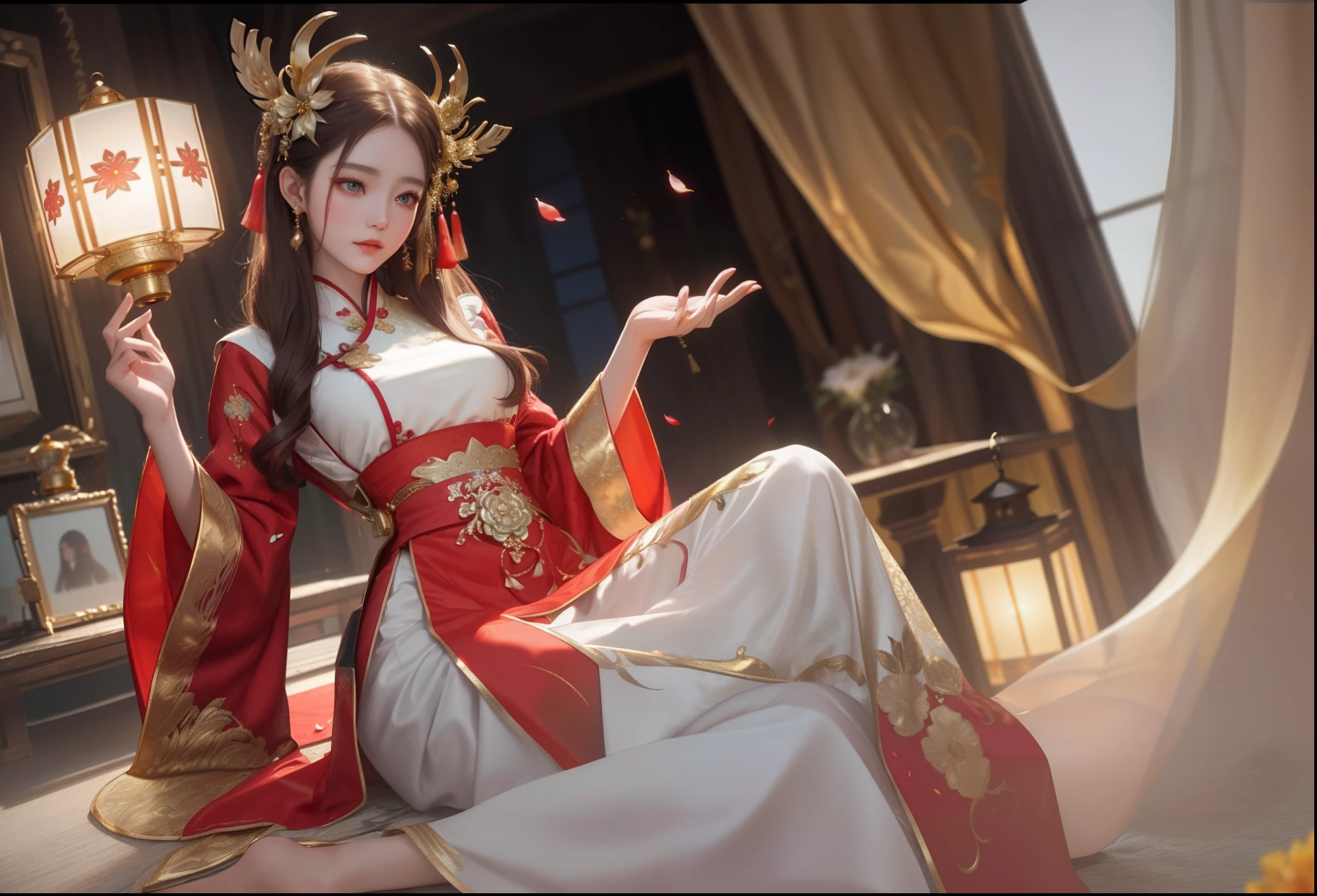 Best quality, Masterpiece, A high resolution, (exquisite body:1.5),looking at the camera in,(full bodyesbian),Gorgeous face,(Milky skin:1.3),Intricate details,high resolution,the wallpaper,
1girll, Solo, dress, hair adornments, (((gold and red dresses))), Flowers, Long hair, Brown hair, Closed mouth, jewelry, Long sleeves, Hand up, Wide sleeves, Big eyes,Floating hair, Chinese clothes, Hanfu, Embroidery, Long skirt, Natural pose, Falling petals, indoor,Fanning, lantern,
16k,hdr,A high resolution,Depth field,(filmgrain:1.1),Boken,prime time,(Lens flare),Vignette,rainbowing,(Color grading:1.5)