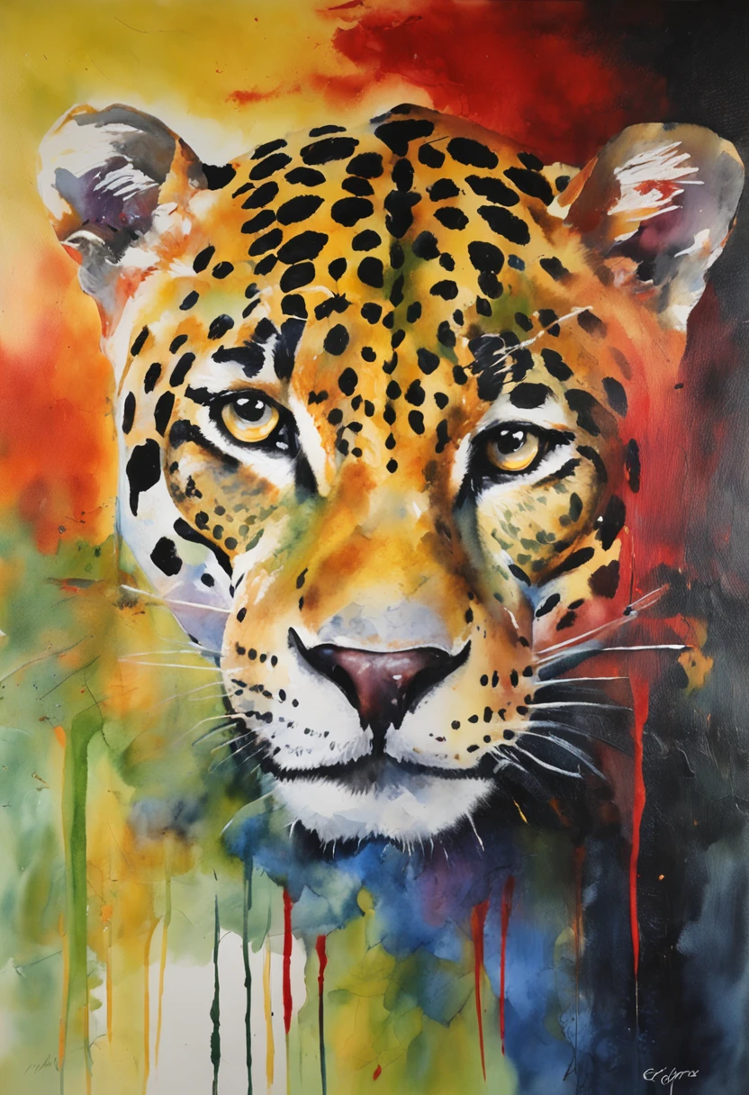 jaguar; aquarela; pintura expressionista; animal; selva; qualidade