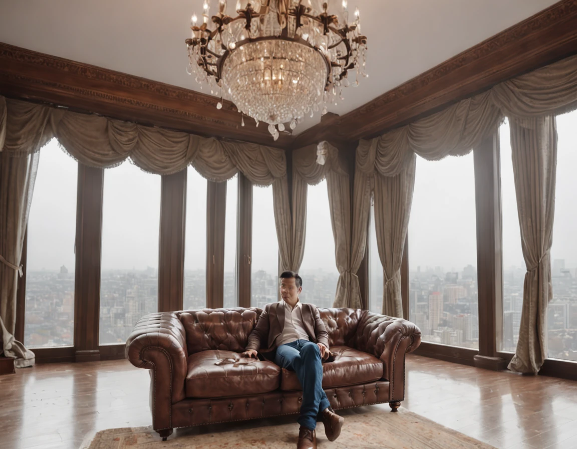 Brunette man watching TV，Leather sofa，The sofa extends to the left，Floor-to-ceiling windows with views of the Bund，hanging lights，marble floor，verism style，Wide-angle visuals。