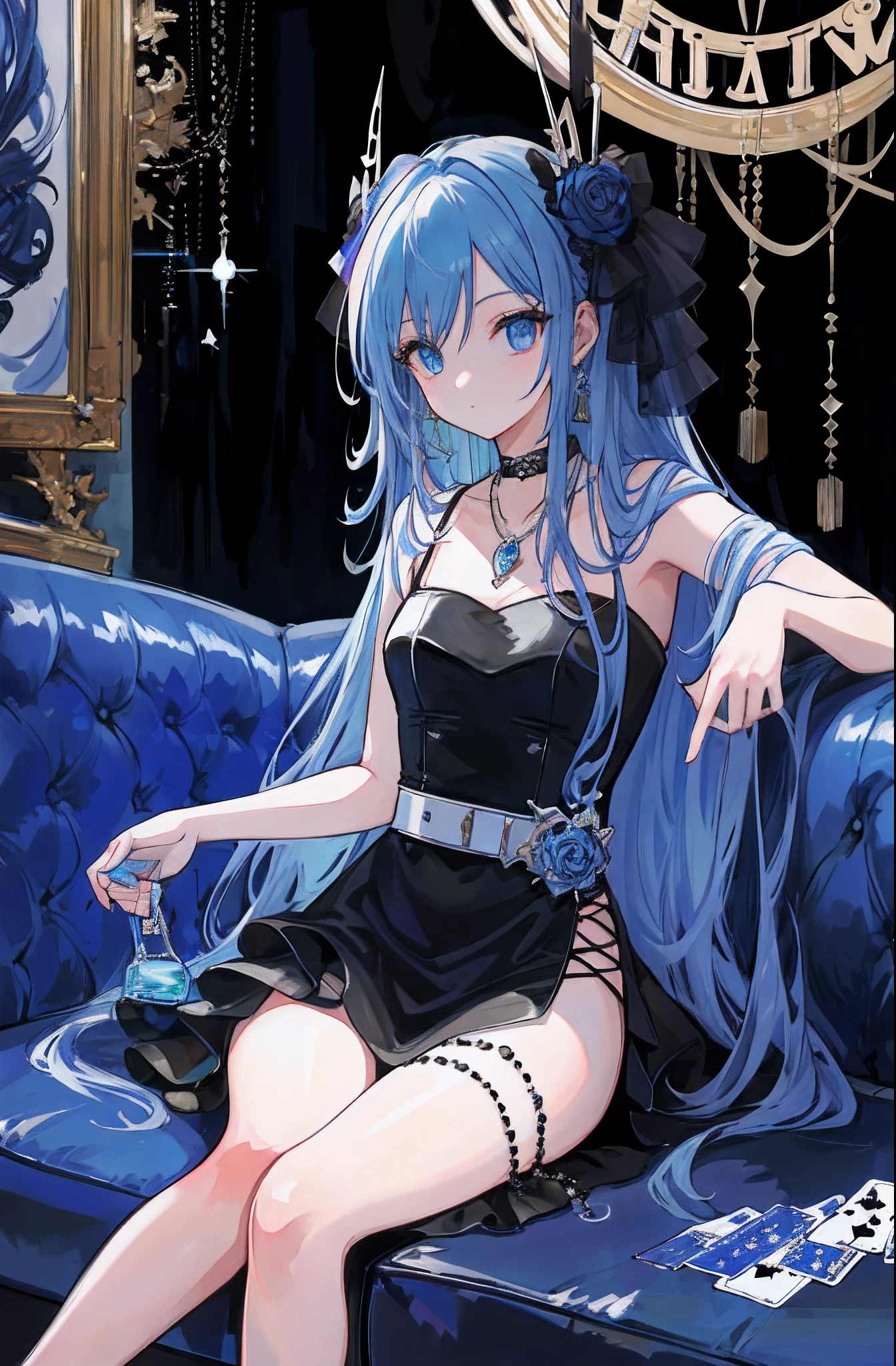 （tmasterpiece：1.3）， best qualtiy， offcial art， MagazineCover， ultra - detailed， 1girll， 1980s\（styled\）， Black elegant dress，White jewelry belt, , liveroom， sitting in the couch， long whitr hair， curlies， blue hairs， eBlue eyes，  playingcards， Artistically [aaron horkey|lisa frank]，