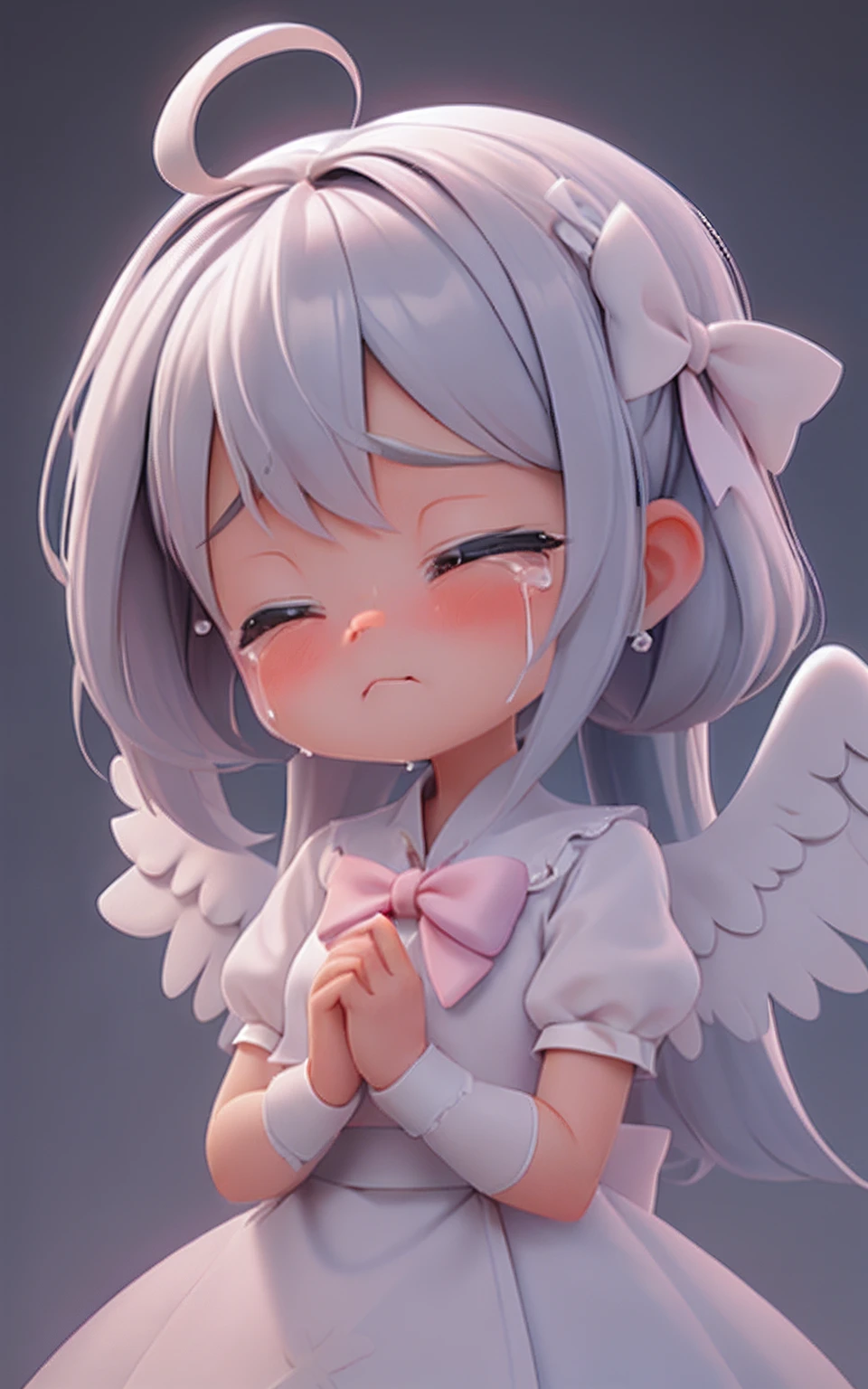 Pixar, 1girl in, Angelic appearance, (Silvery hair:1.3), (Bow:1.3), Eyes are blue, blush, Looking at Viewer, (Ahoge:1.2), Close your eyes, (shed tears:1.5), Hair Bow, (white wings grow:1.3), White and beautiful clothes, (One large ribbon in the hair:1.1), Solo, Bangs, child, pink bows, A girl child, Upper body, 6-year-old girl