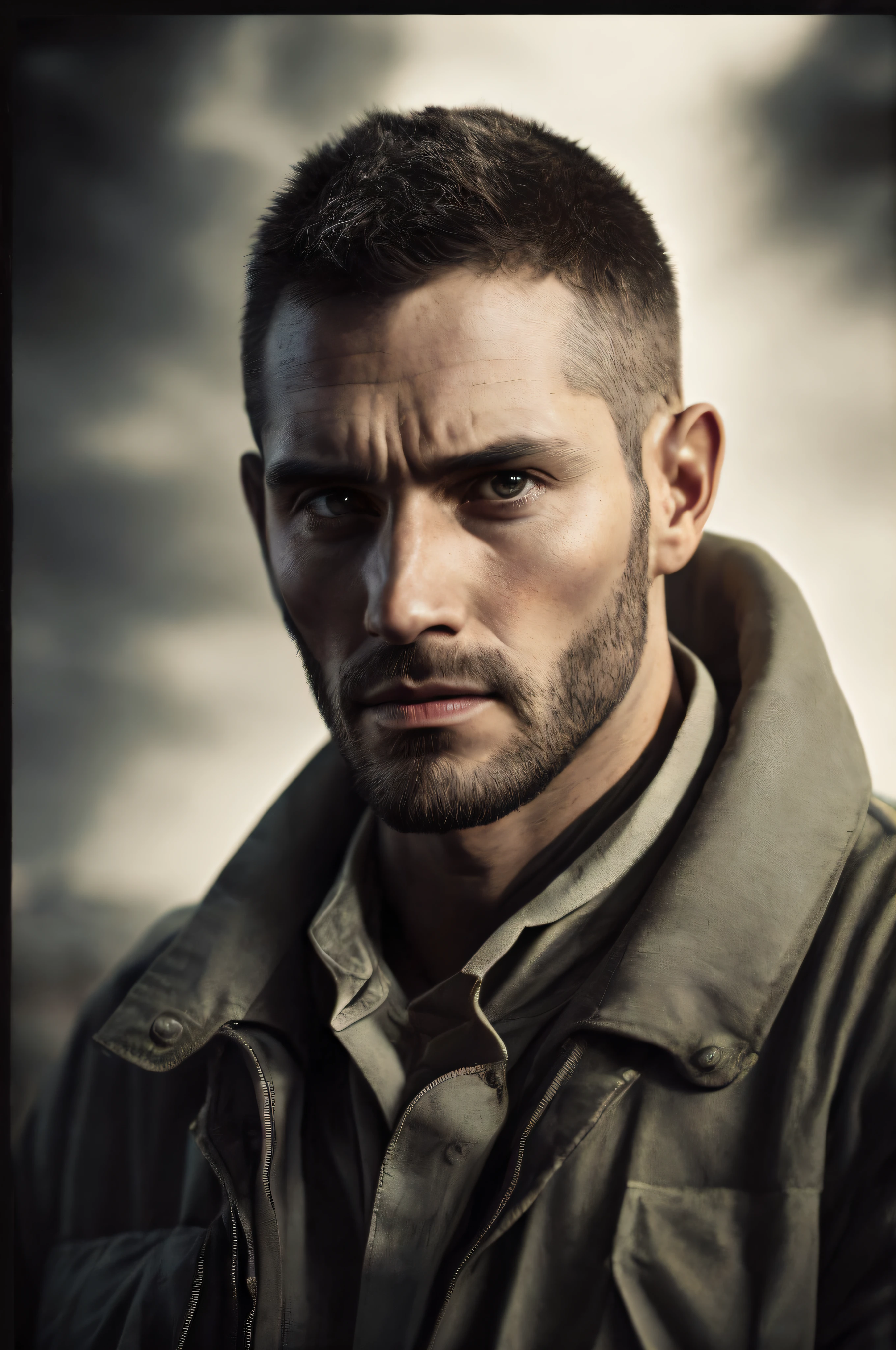 Facial portrait，Man in camping uniform，postapocalyptic，dramatic light --auto