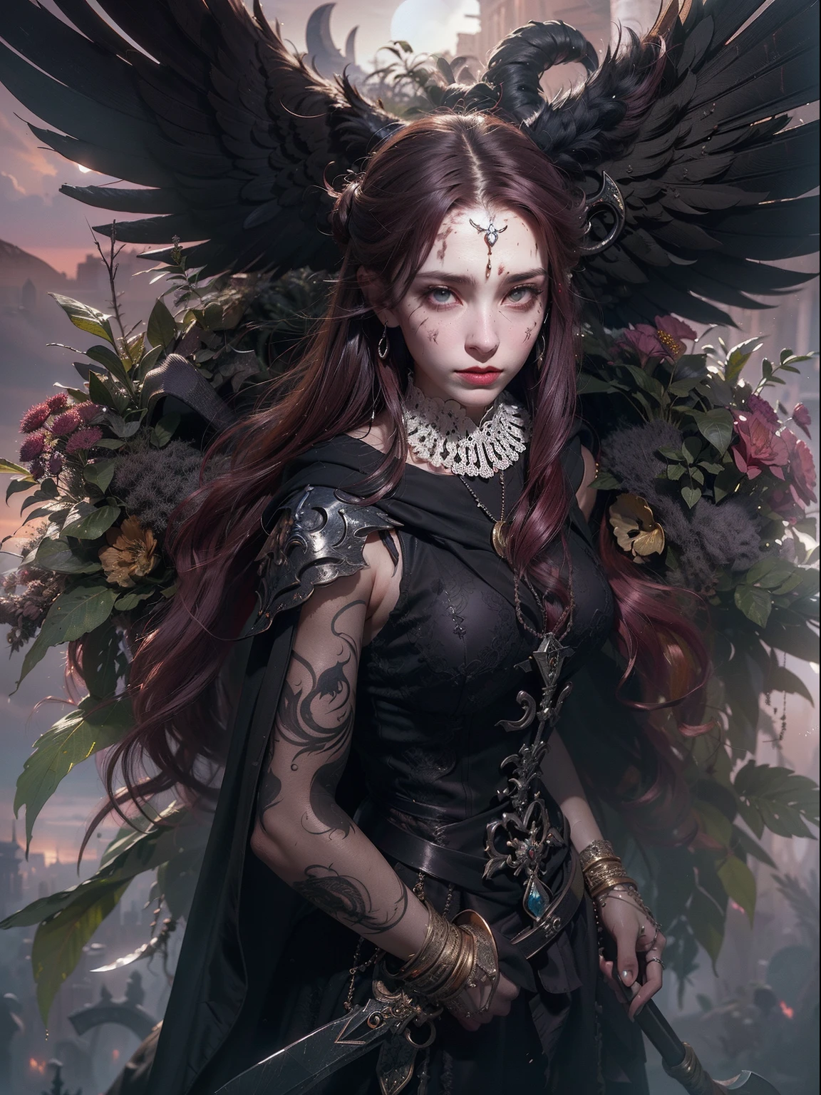 (Numerous award-winning masterpieces of, With incredible details, textures and maximum detail), (Ultra photo realsisim:1.4), (Realistic:1.3), (Whole body image:1.7), (up of the upper body:0.3), (best quality real texture skin), (finely detailed true circle eyes), (A delicate and delicate beautiful face:1.4), (Aesthetic and decadent image:1.5), ((medieval world)), (shinigami:1.4), (icy look in the eye), (An evil smile appeared on her face，But the eyes did not smile:1.3), (It held a soul harvesting scythe in his hand。。:1.5), (Sacks containing harvest souls，Exudes a faint glow:1.5), (Eyes that glow red in the dark), (Dramaticlight), Sacrificial altar, (A majestic sight), (The magic array of the ominous light:1.3), Her countenance is gentle and beautiful, but somehow terrifying, (large wings，There are rough black feathers behind the shoulders:1.3), (Whole body image:1.7), (Wearing a dark black hooded robe with intricate patterns:1.2), Folded wings, Skull pattern earrings, (The second is the Skeleton Reaper: 1.3), (((Dramatic photo))), (Twilight), (Sunset), (Dusk), ((dramatic pose)), (flamboyant photo), (Golden hair), (Silver hair), (Maroon hair), ((head looking up)), ((Looking down)), (Whole body image:1.7), (Around her neck is a simple necklace of exquisite workmanship), The forgotten graves are overgrown with vegetation, necropolis, Underground labyrinth, Evil Temple Ruins, Sacrificial temples, mistic, Ancient Castle Site, Ruins of an abandoned cemetery, Collapsed graves, Backwater Ancient Site, Swamp ruins, Shining majestic cloud masses and sky, salama, epic realistic, Faded, art, (greg rutkovsky:0.8), (Teal and orange:0.4), (Art Station:1.5), Cinematic, ((com cores neutras)), (hdr:1.5), (pastel colour:1.2), ultra - detailed, Dramaticlight, (Intricate details:1.1), the complex background,
